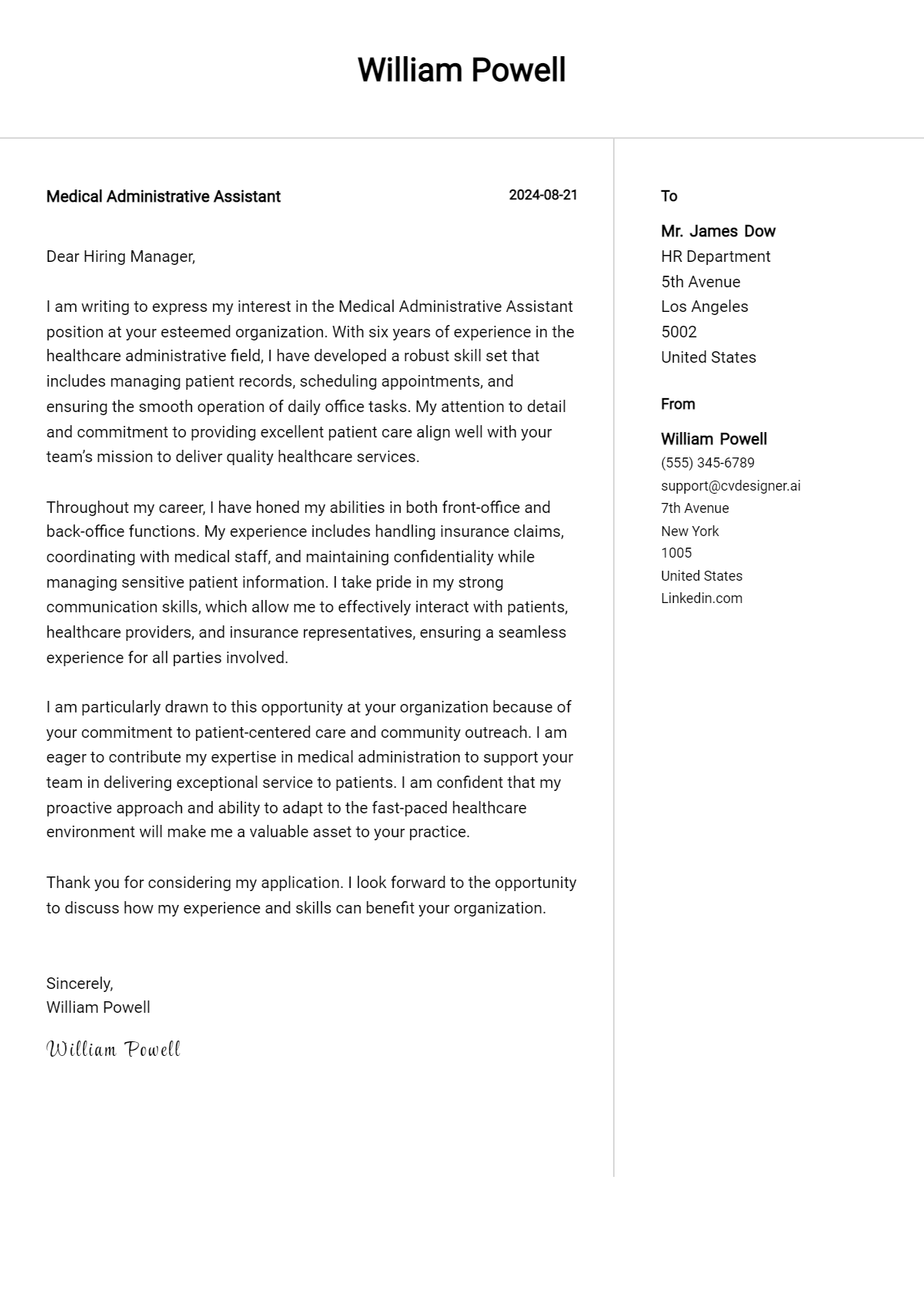 Medical Administrative Assistant Cover Letter Example for 2026 (Writing Guide) Preview