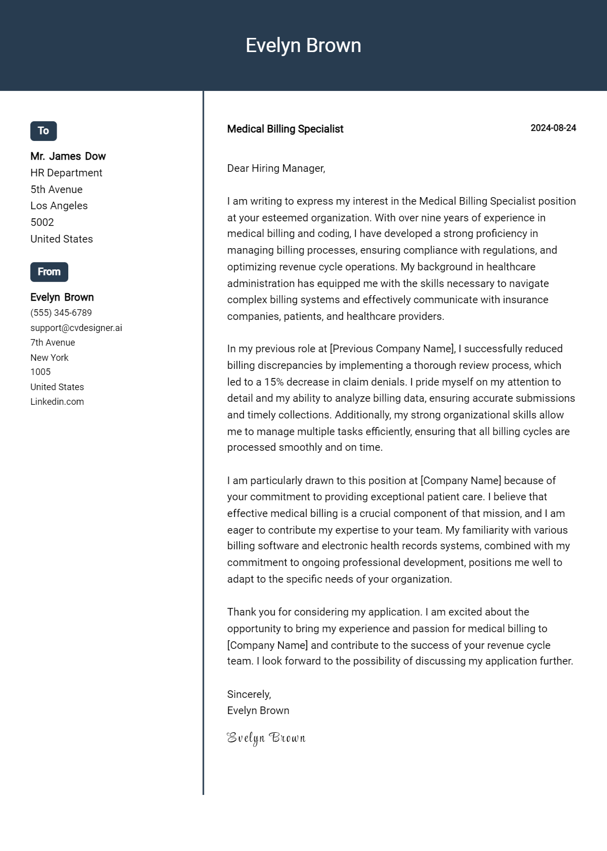 Medical Billing Specialist Cover Letter Example for 2026 (Download Templates) Preview
