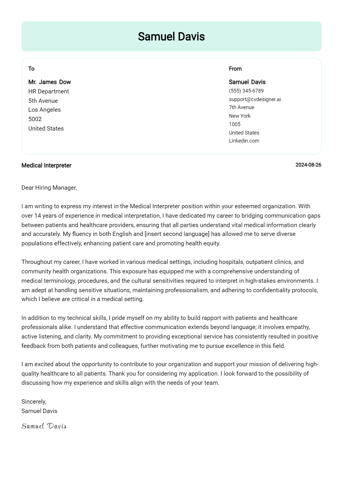 Medical Interpreter Cover Letter Example for 2026 (Free Templates) Preview
