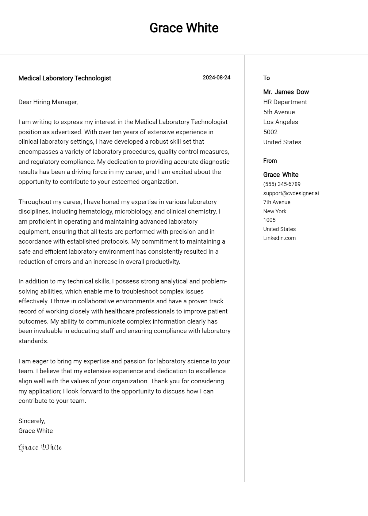 Medical Laboratory Technologist Cover Letter Examples for 2026 (Downloadable) Preview