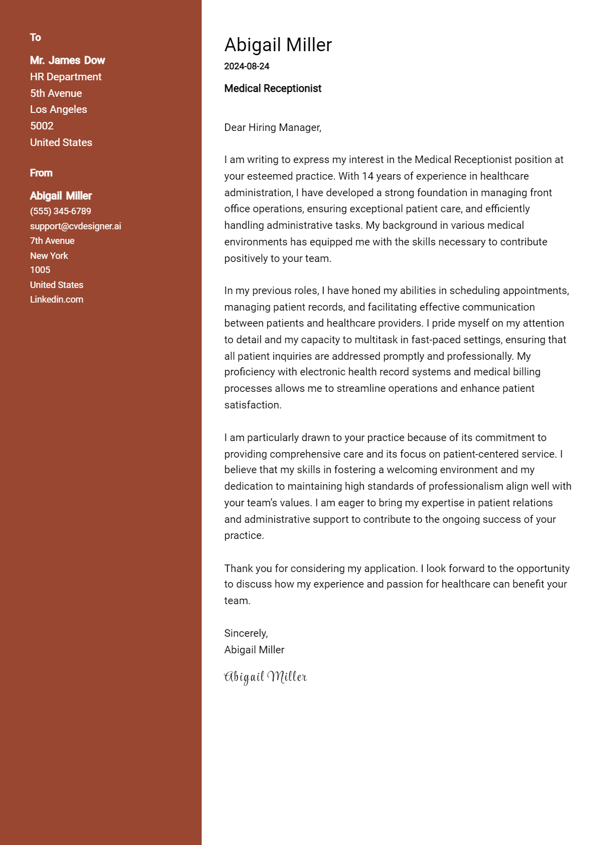 Medical Receptionist Cover Letter Example for 2026 (Writing Guide) Preview