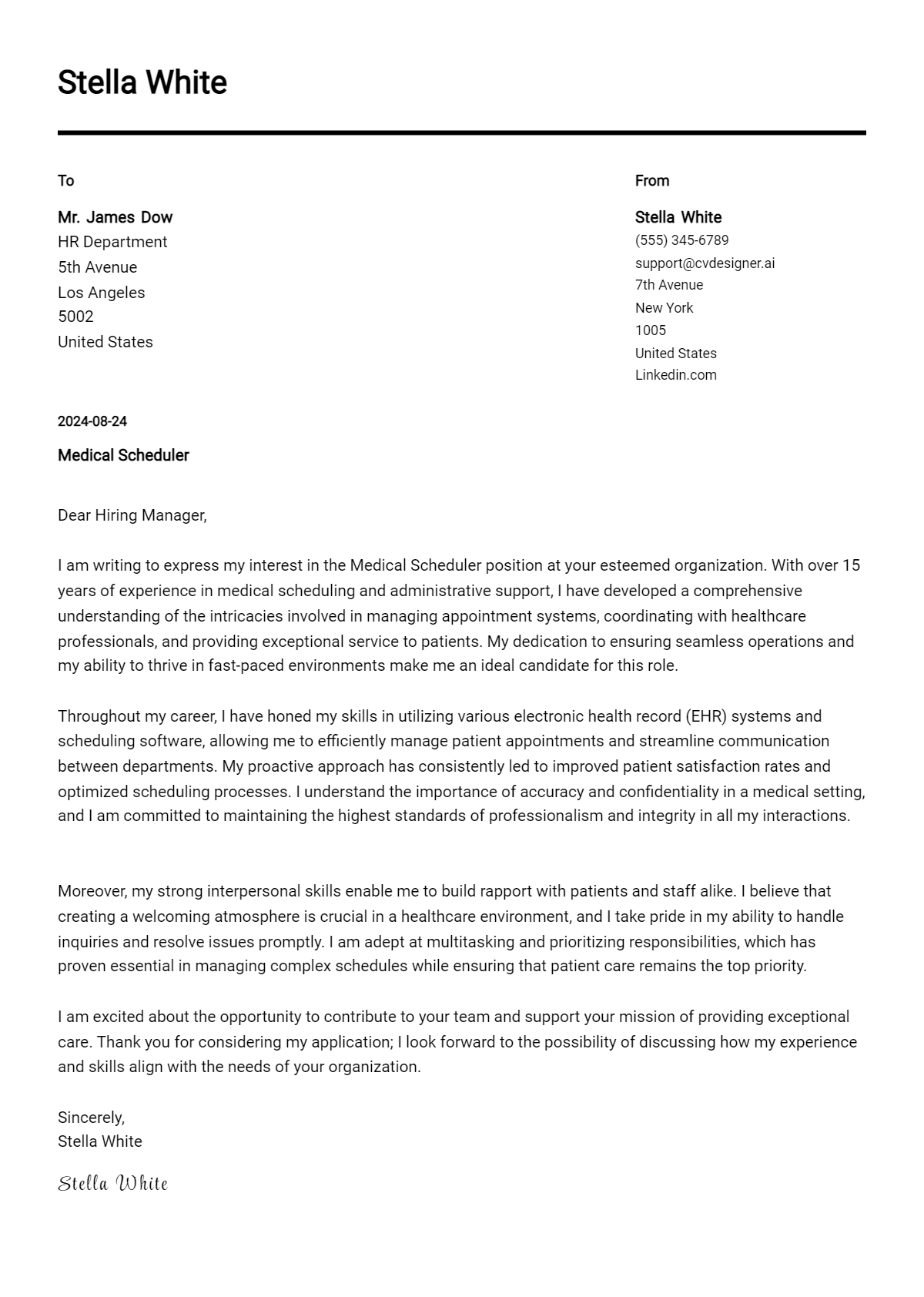 Medical Scheduler Cover Letter Example for 2026 (Download Templates) Preview