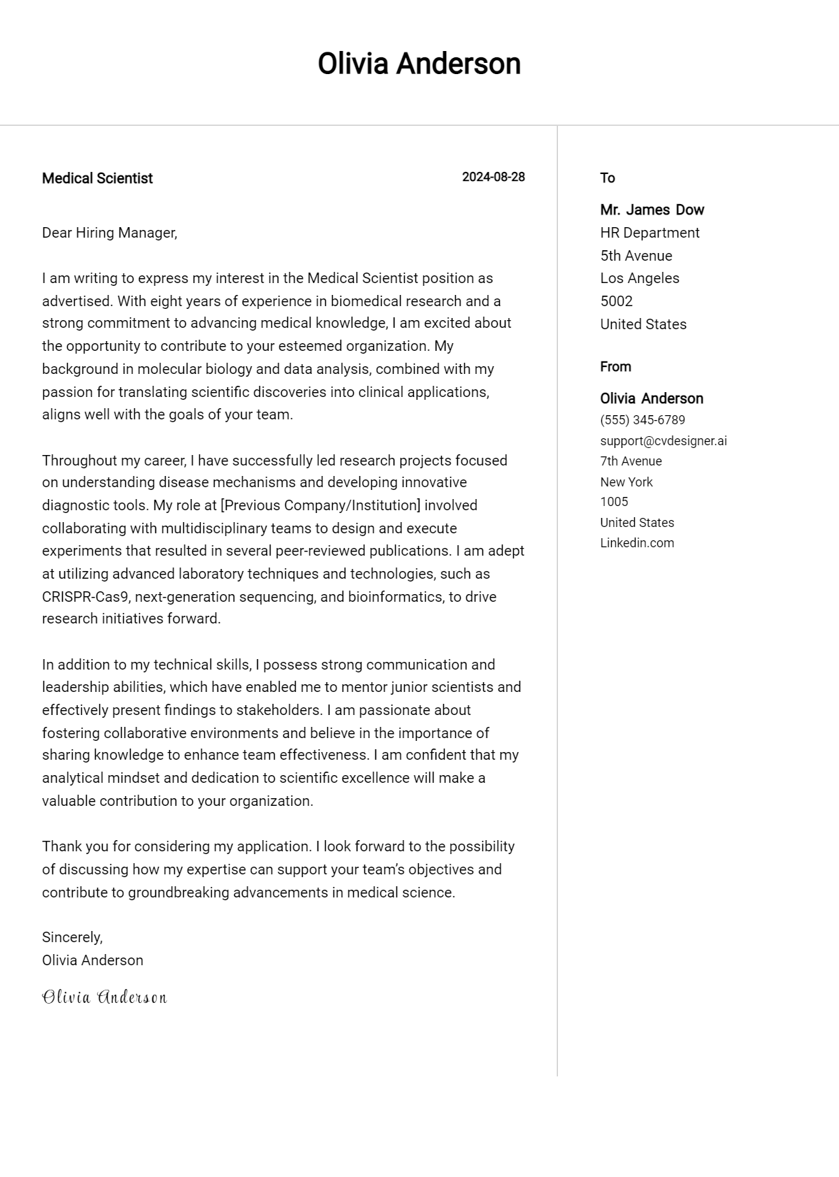 Medical Scientist Cover Letter Example for 2026 (Free Templates) Preview