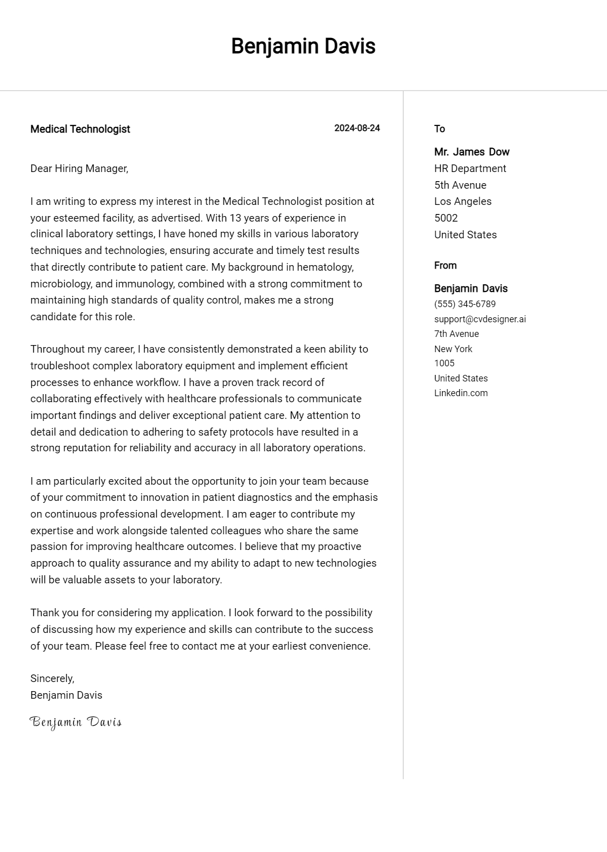 26 Medical Technologist Cover Letter Examples & Samples for 2026 Preview