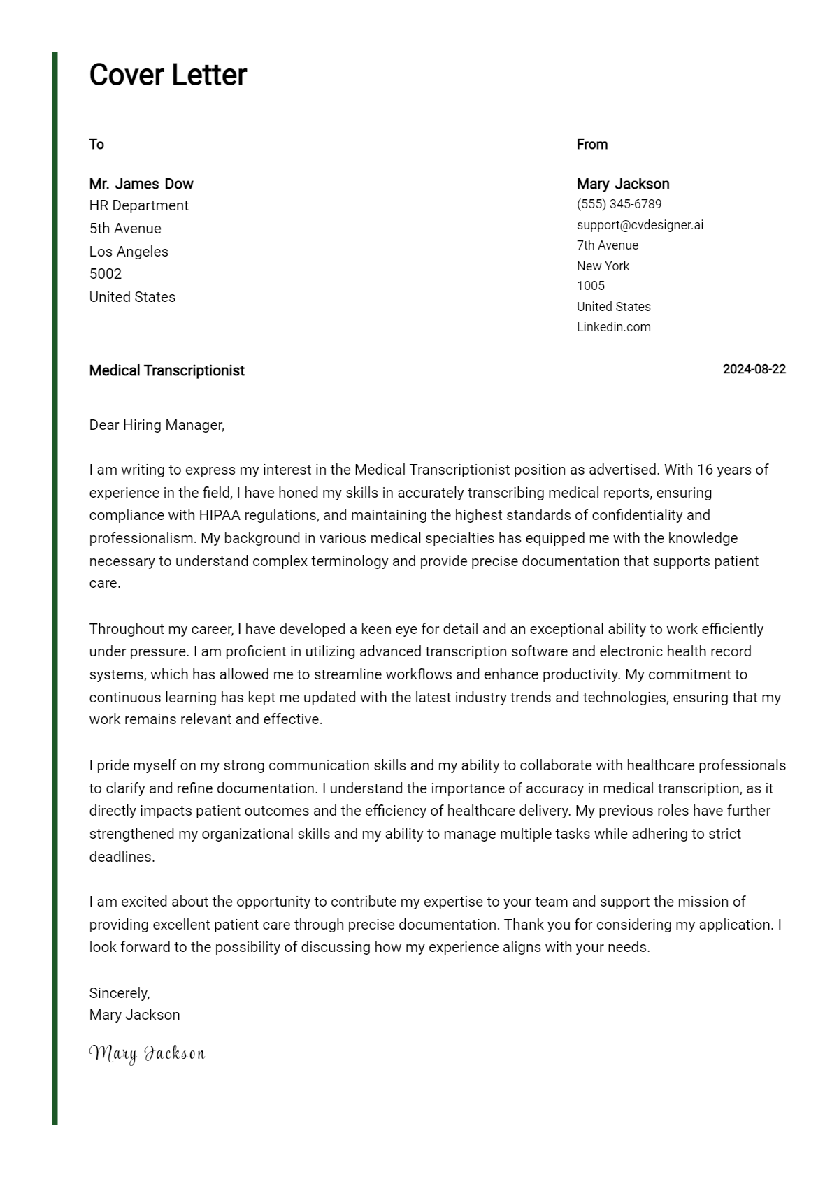 Medical Transcriptionist Cover Letter Examples with Writing Tips for 2026 Preview