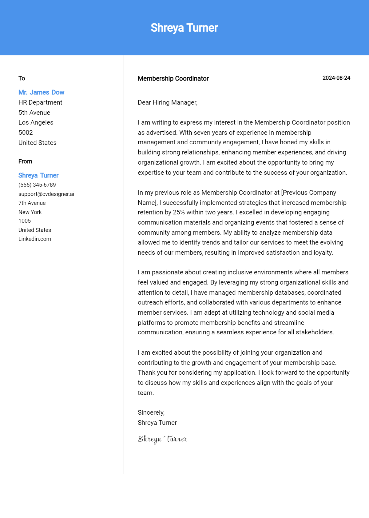 Membership Coordinator Cover Letter Example for 2026 (Writing Guide) Preview
