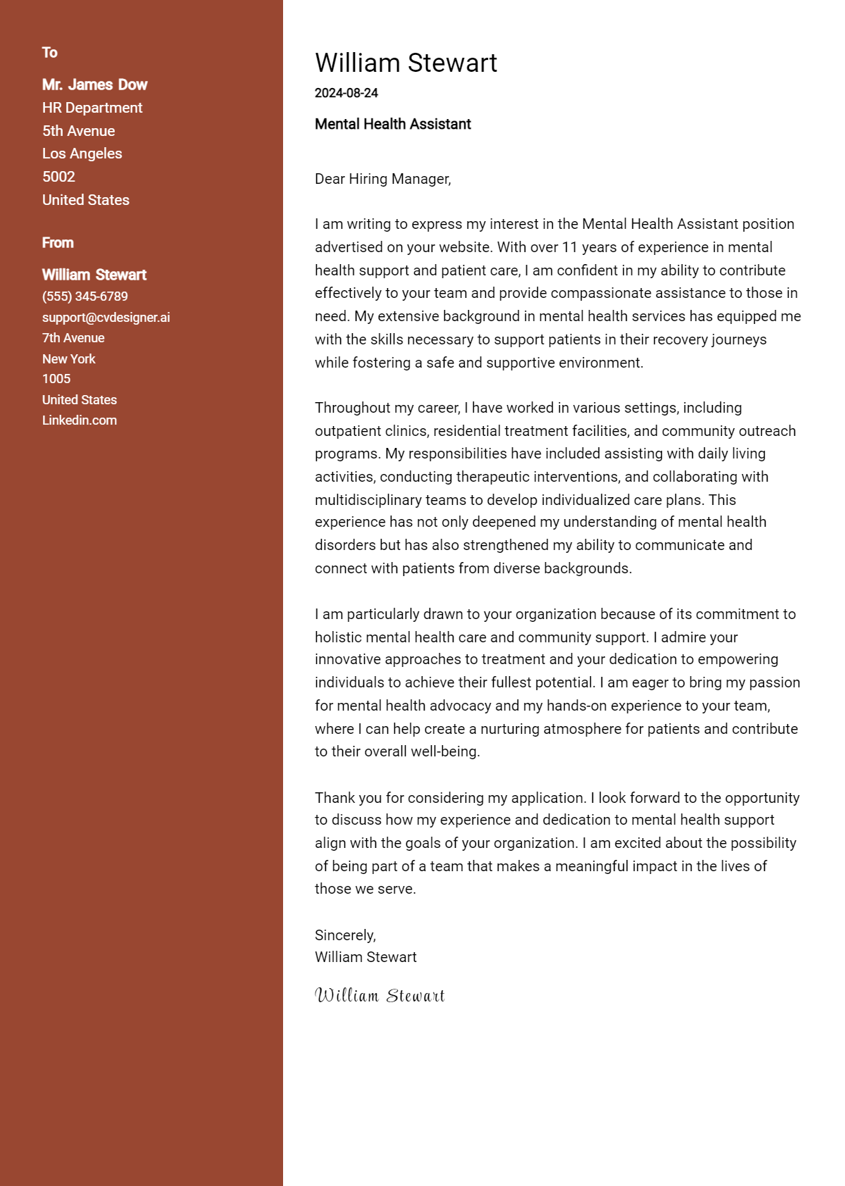 Mental Health Assistant Cover Letter Example for 2026 (Writing Guide) Preview