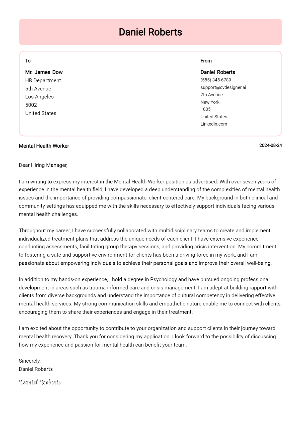 Mental Health Worker Cover Letter Example for 2026 (Writing Guide) Preview