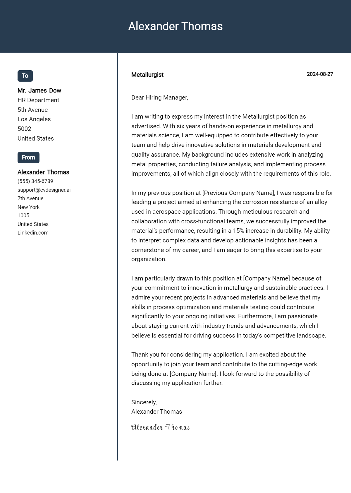 Metallurgist Cover Letter Example for 2026 (Free Templates) Preview