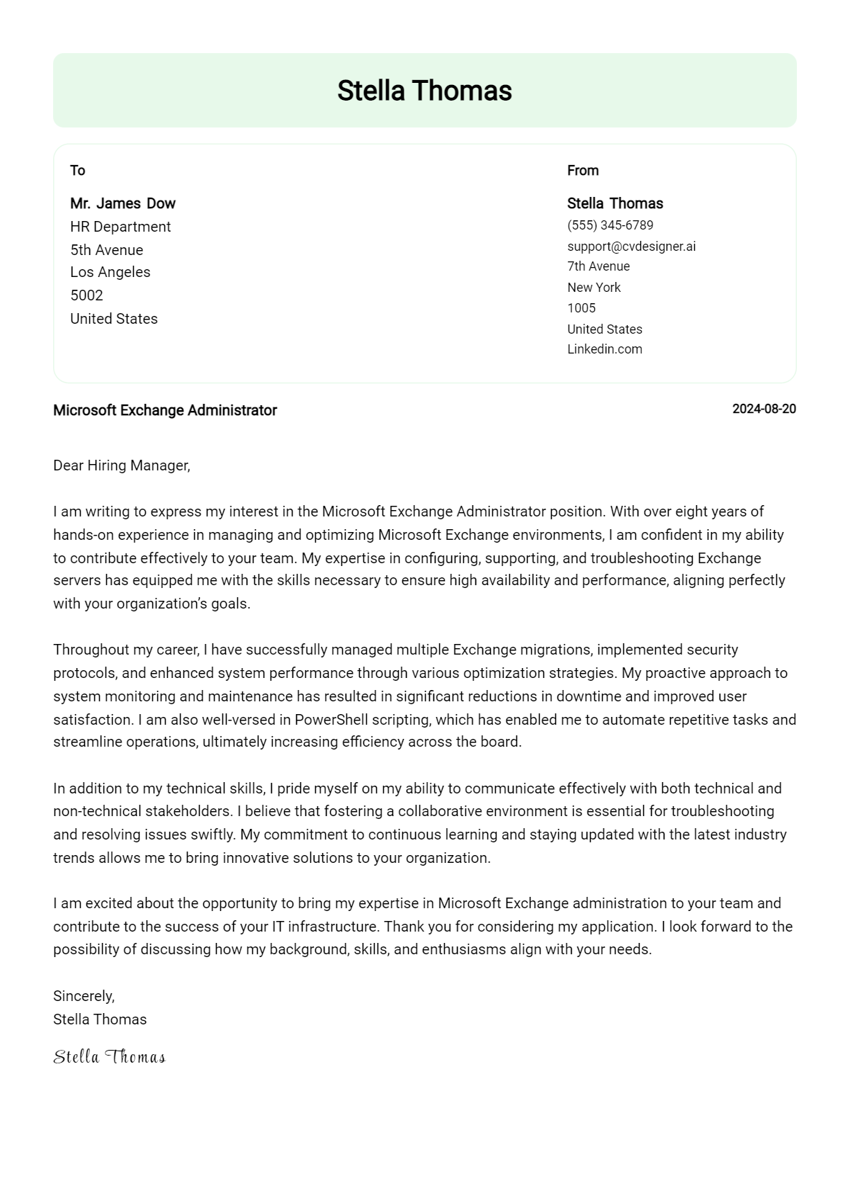 Microsoft Exchange Administrator Cover Letter Example for 2026 (Free Templates) Preview