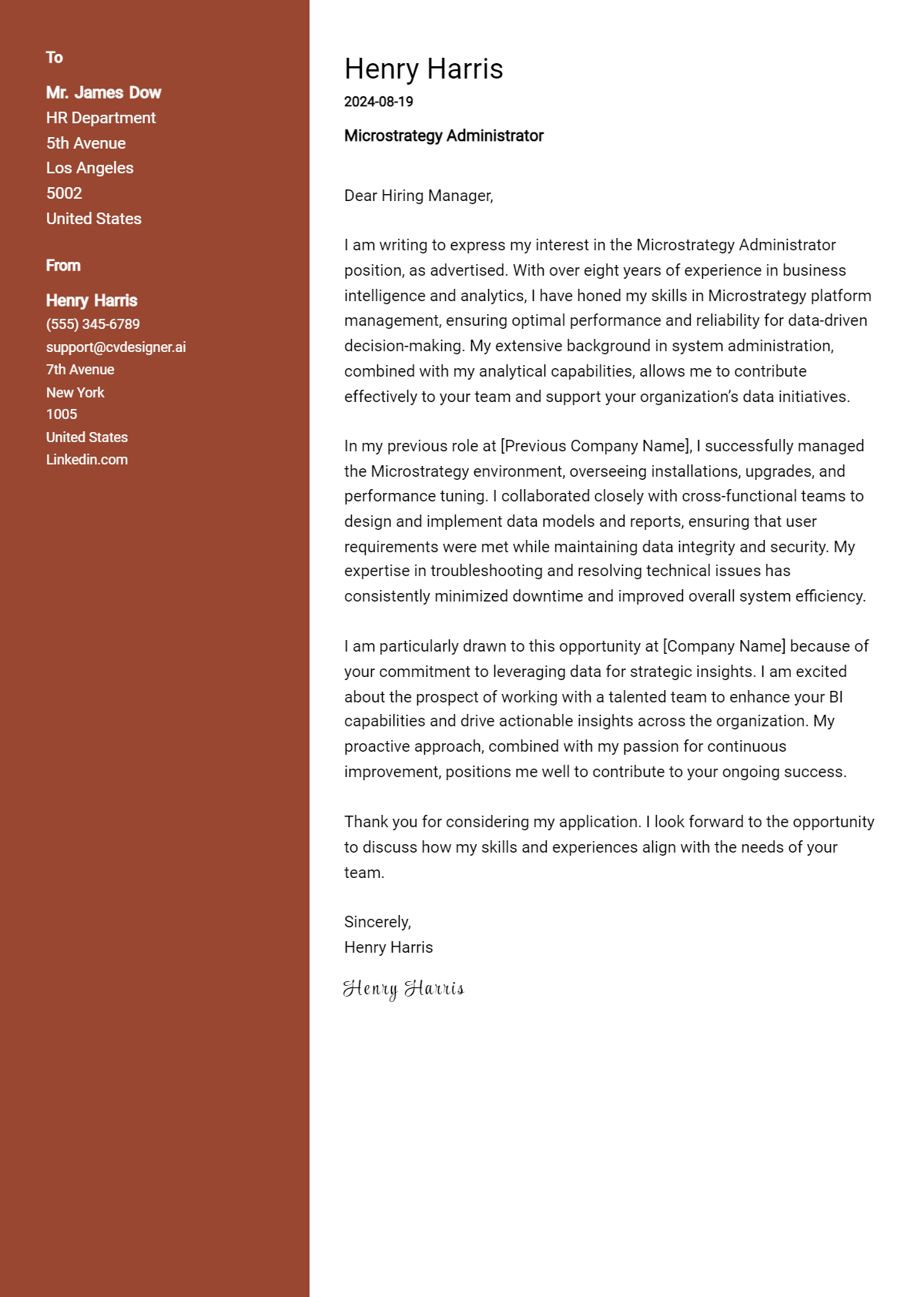 MicroStrategy Administrator Cover Letter Example for 2026: Expert Tips & Templates Preview