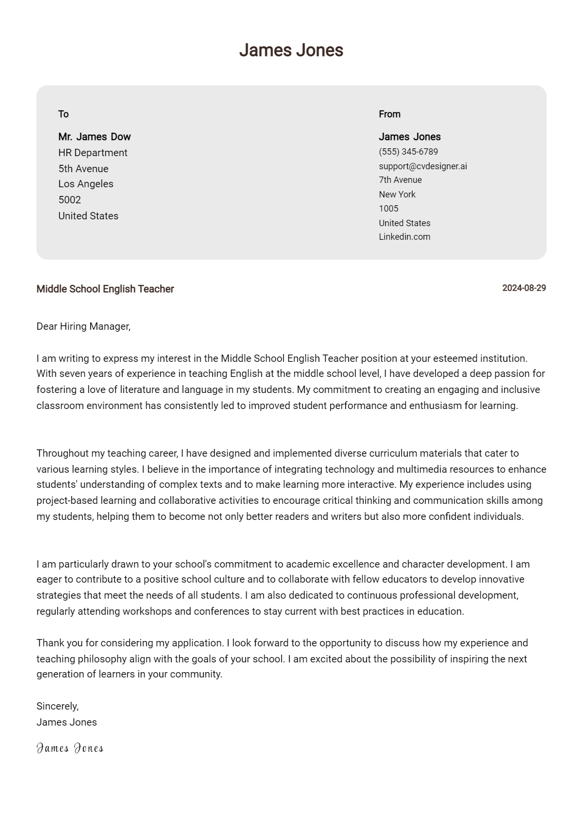 5 Middle School English Teacher Cover Letter Examples for 2026 (Writing Guide) Preview