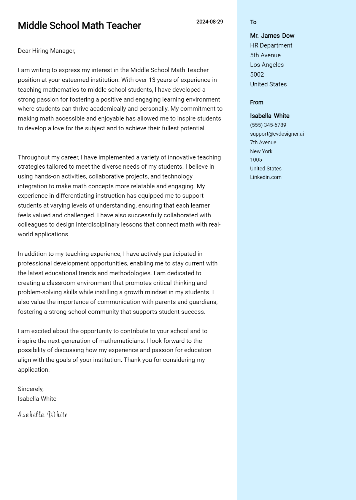 5 Middle School Math Teacher Cover Letter Samples & Examples 2026 Preview
