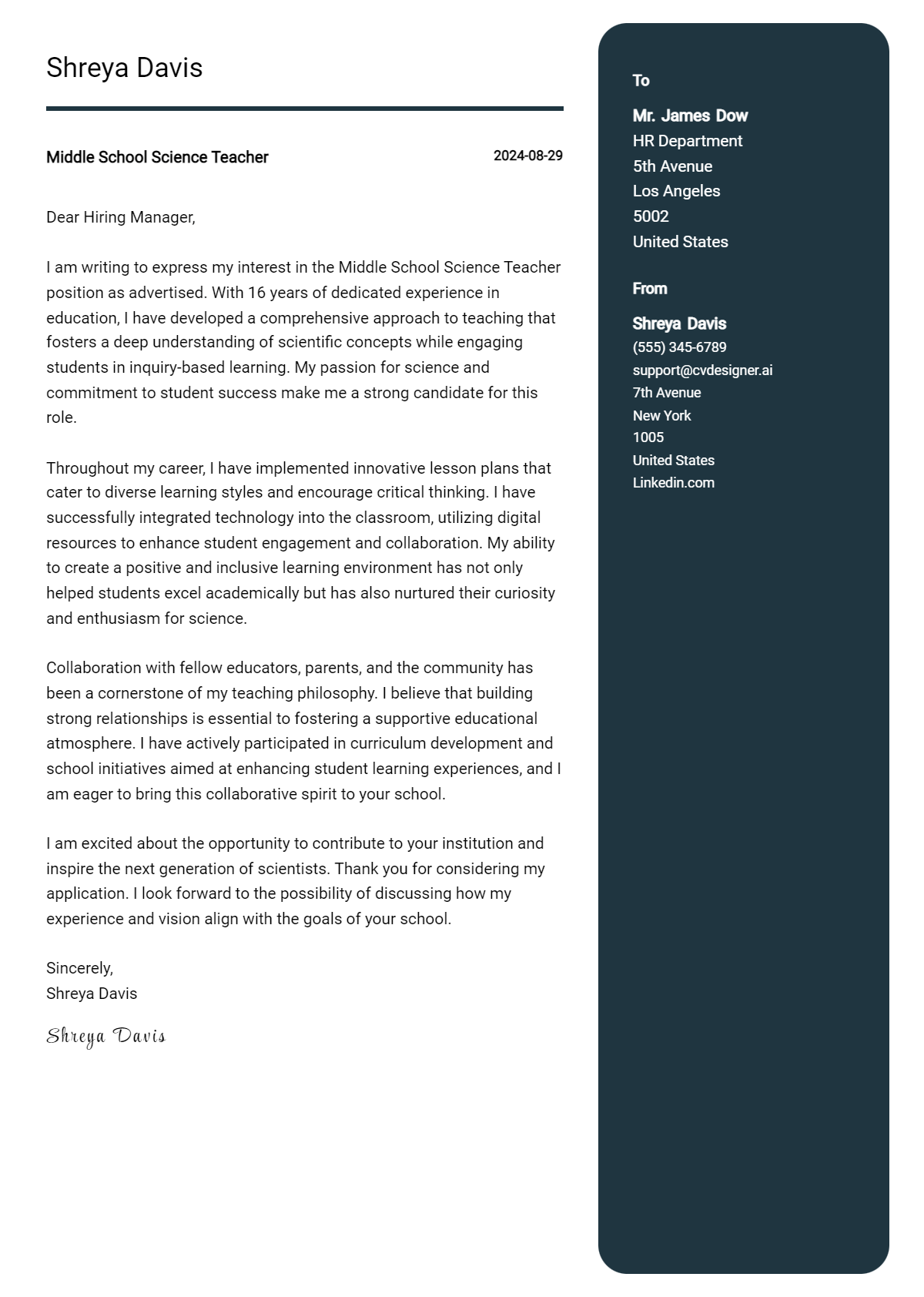 Middle School Science Teacher Cover Letter Examples for 2026 (Downloadable) Preview