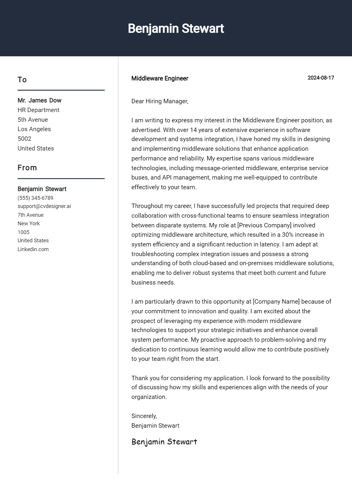Middleware Engineer Cover Letter Examples and Templates for 2026 Preview