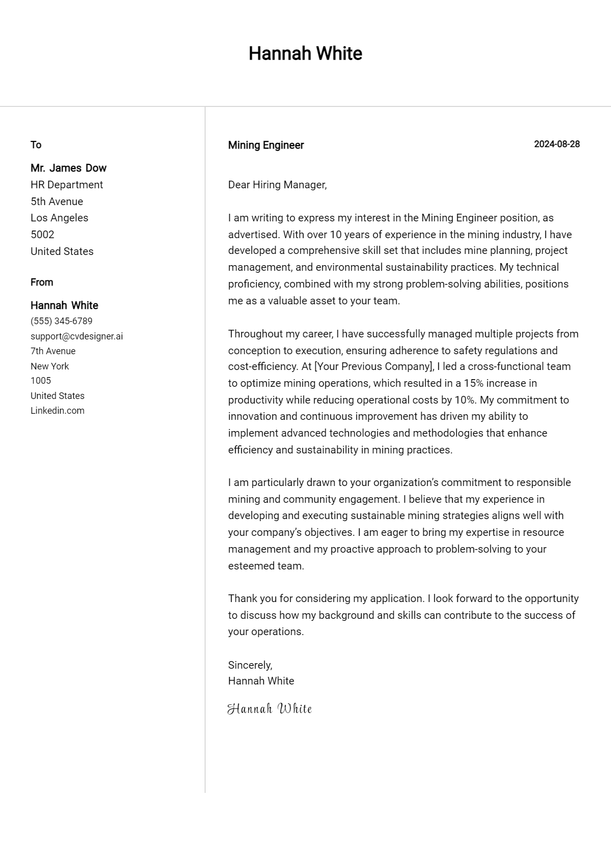 Mining Engineer Cover Letter Example for 2026: Tips & Templates Preview