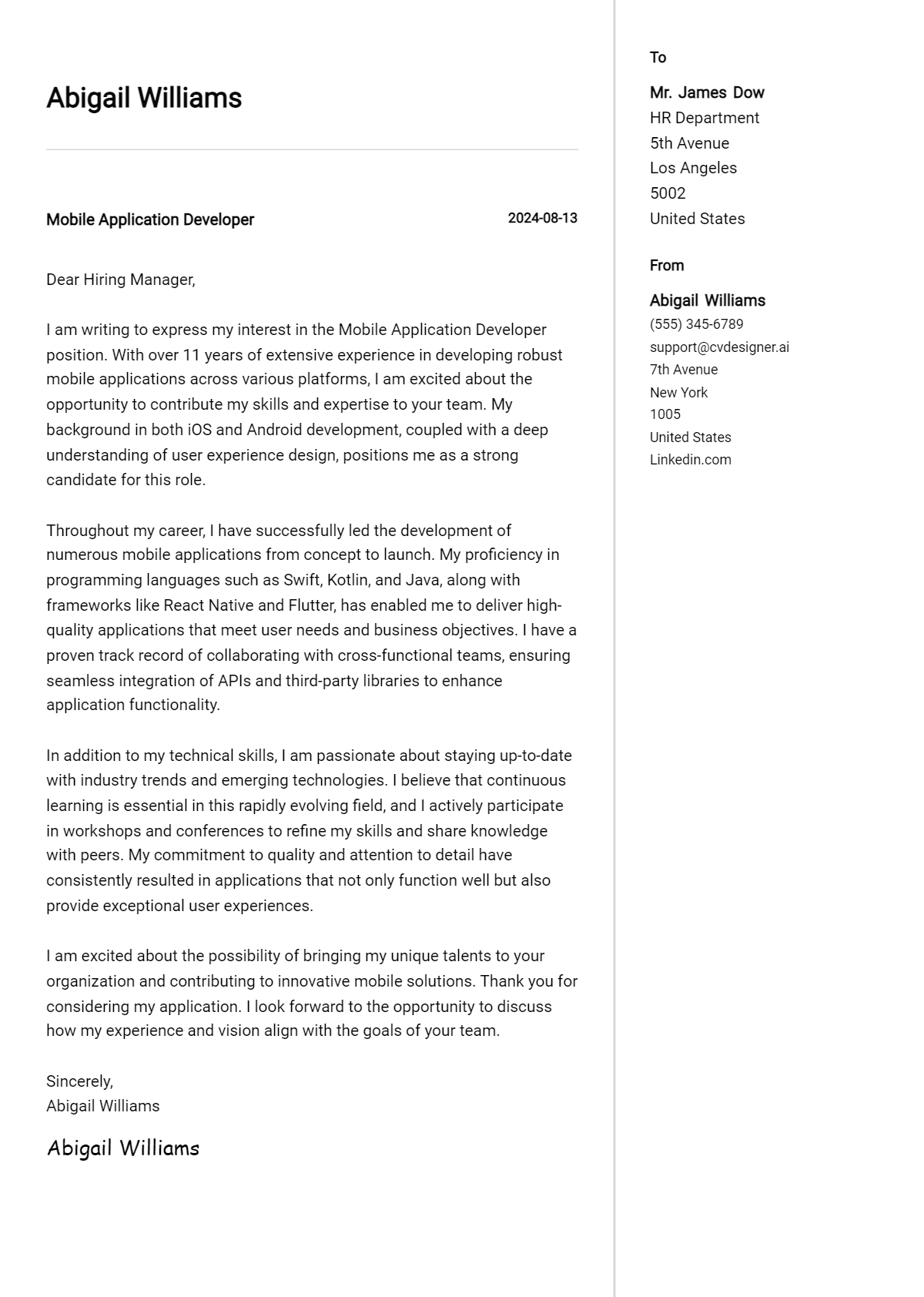Mobile Application Developer Cover Letter Example for 2026 (Writing Guide) Preview