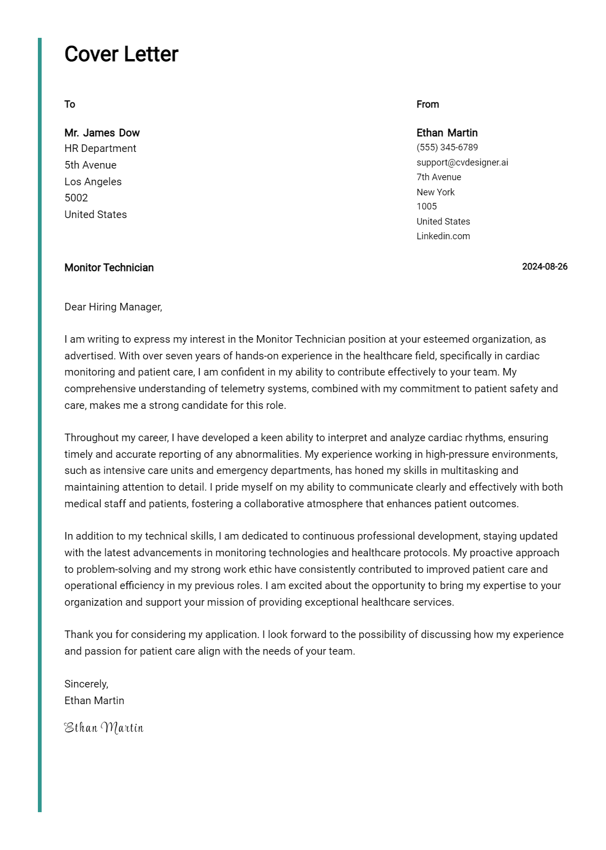 Monitor Technician Cover Letter Examples and Templates for 2026 Preview