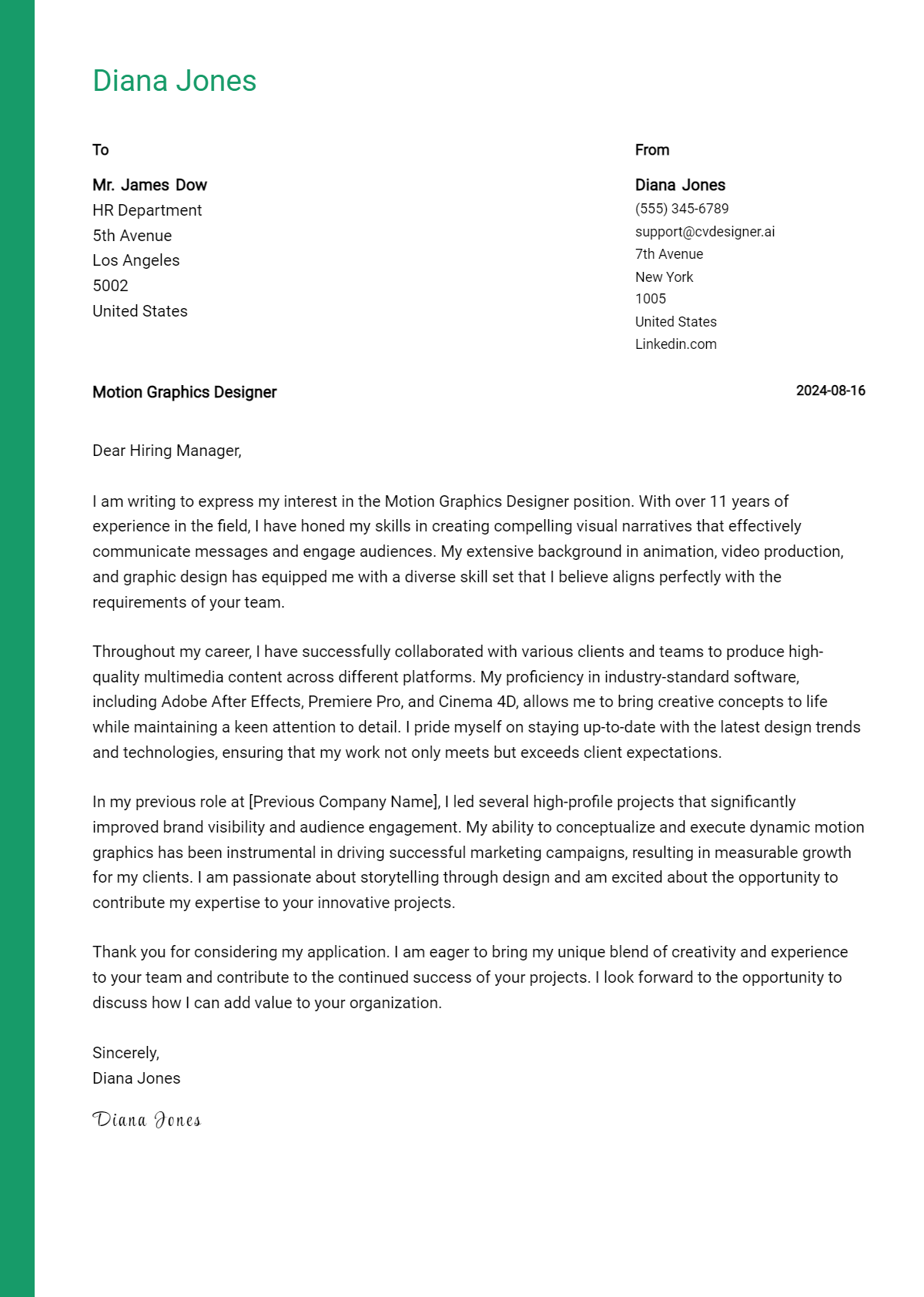 Motion Graphics Designer Cover Letter Example for 2026: Ultimate Guide Preview