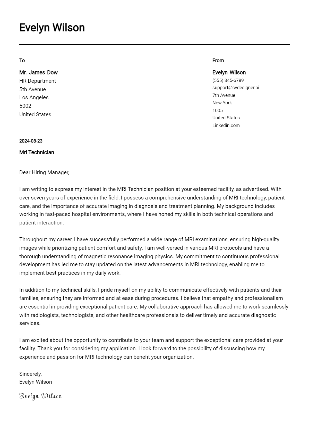 MRI Technician Cover Letter Example for 2026 (Free Templates) Preview