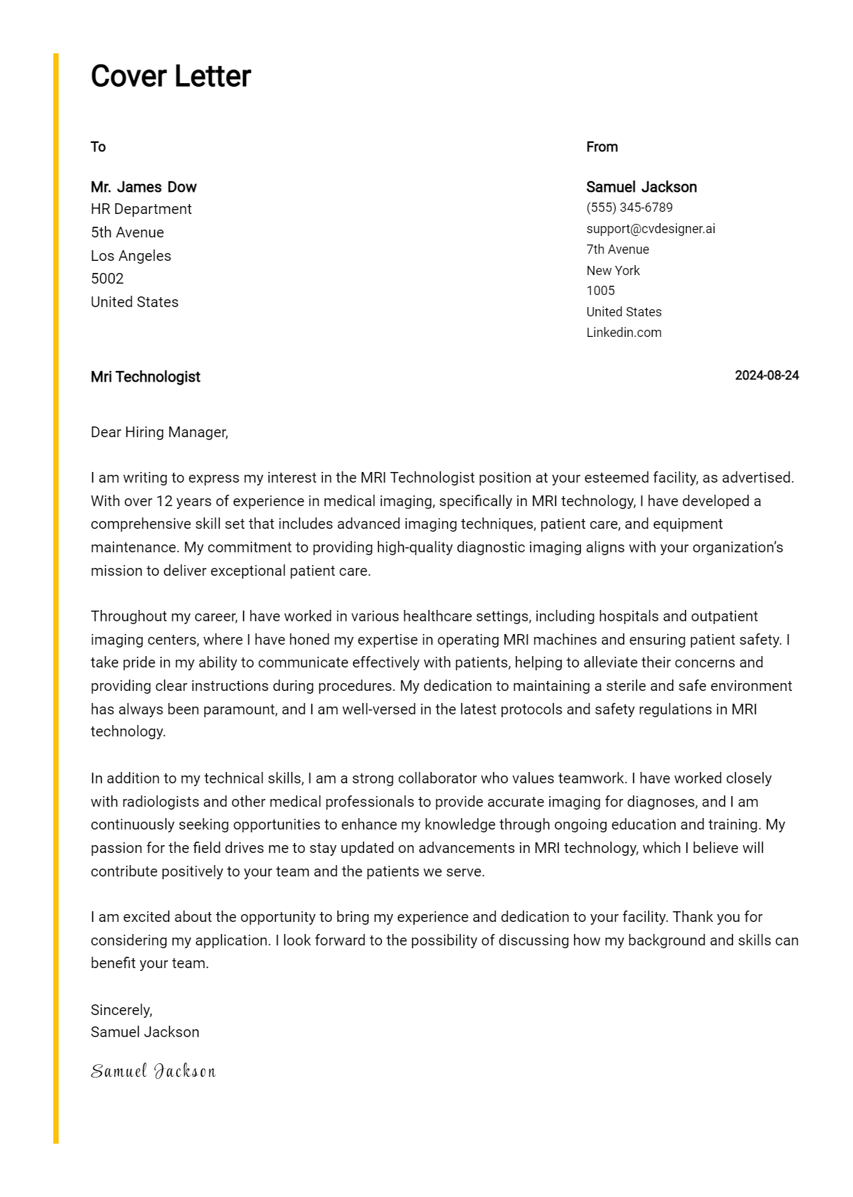MRI Technologist Cover Letter Samples & Examples 2026 Preview