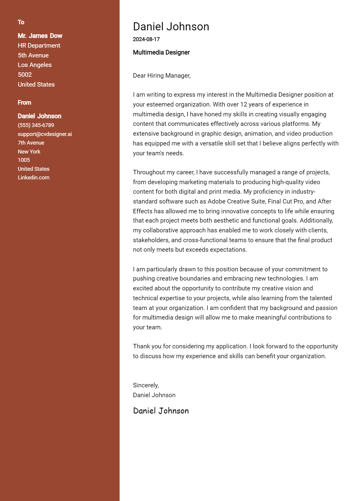 Multimedia Designer Cover Letter Example for 2026: Top CV Skills Preview
