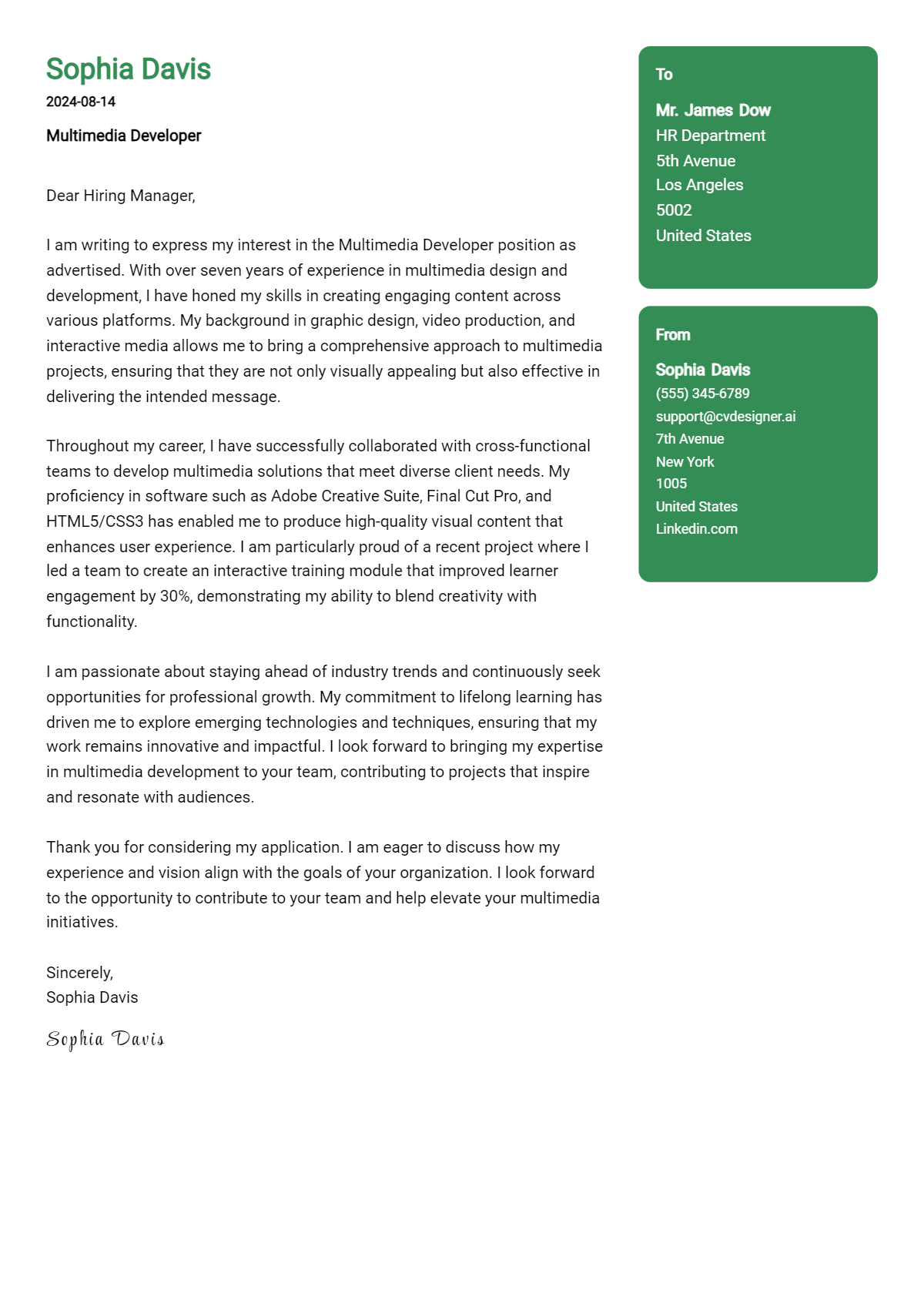 Multimedia Developer Cover Letter Example for 2026: Free Templates Preview