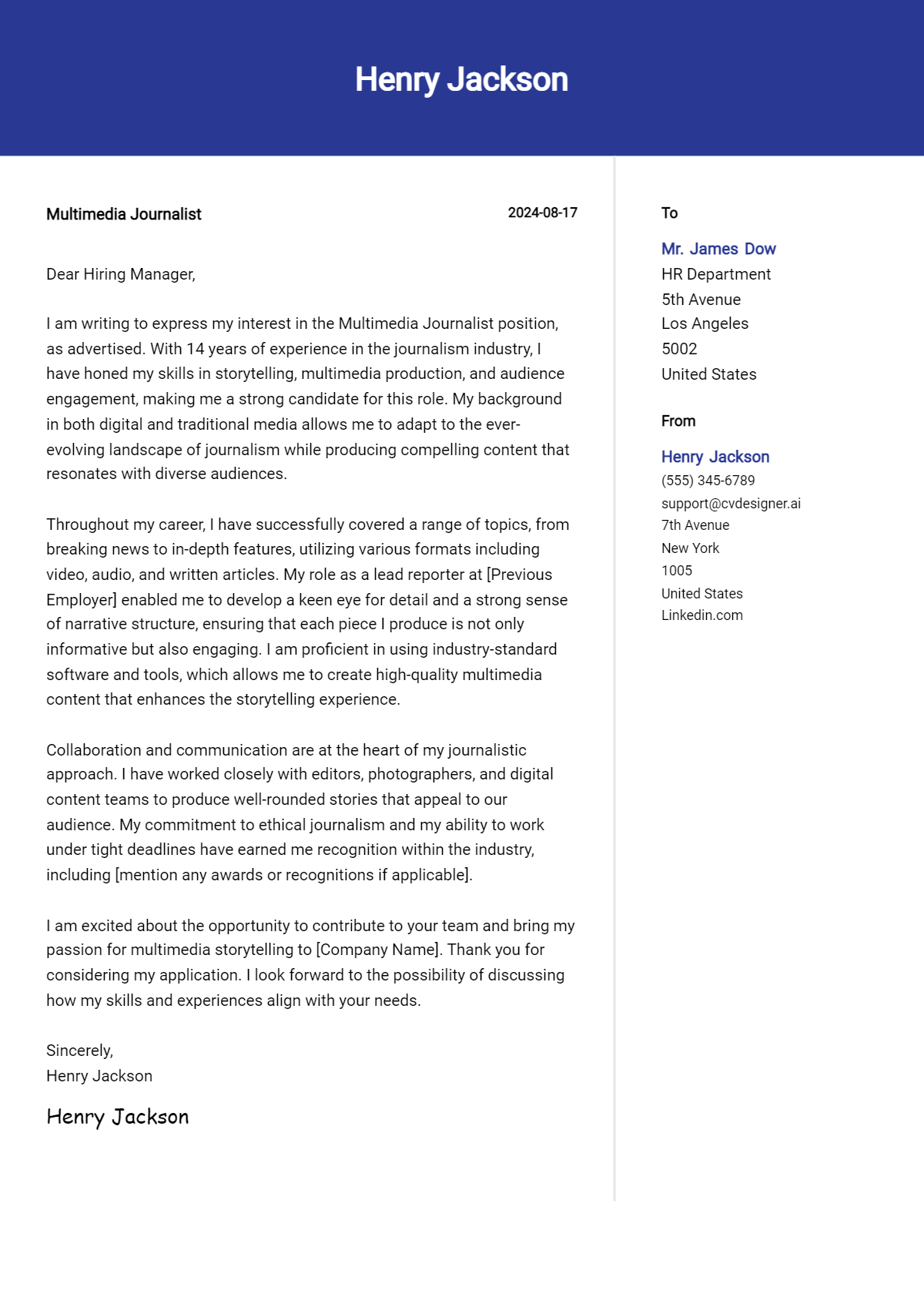 Multimedia Journalist Cover Letter Example for 2026: Proven Tips Preview