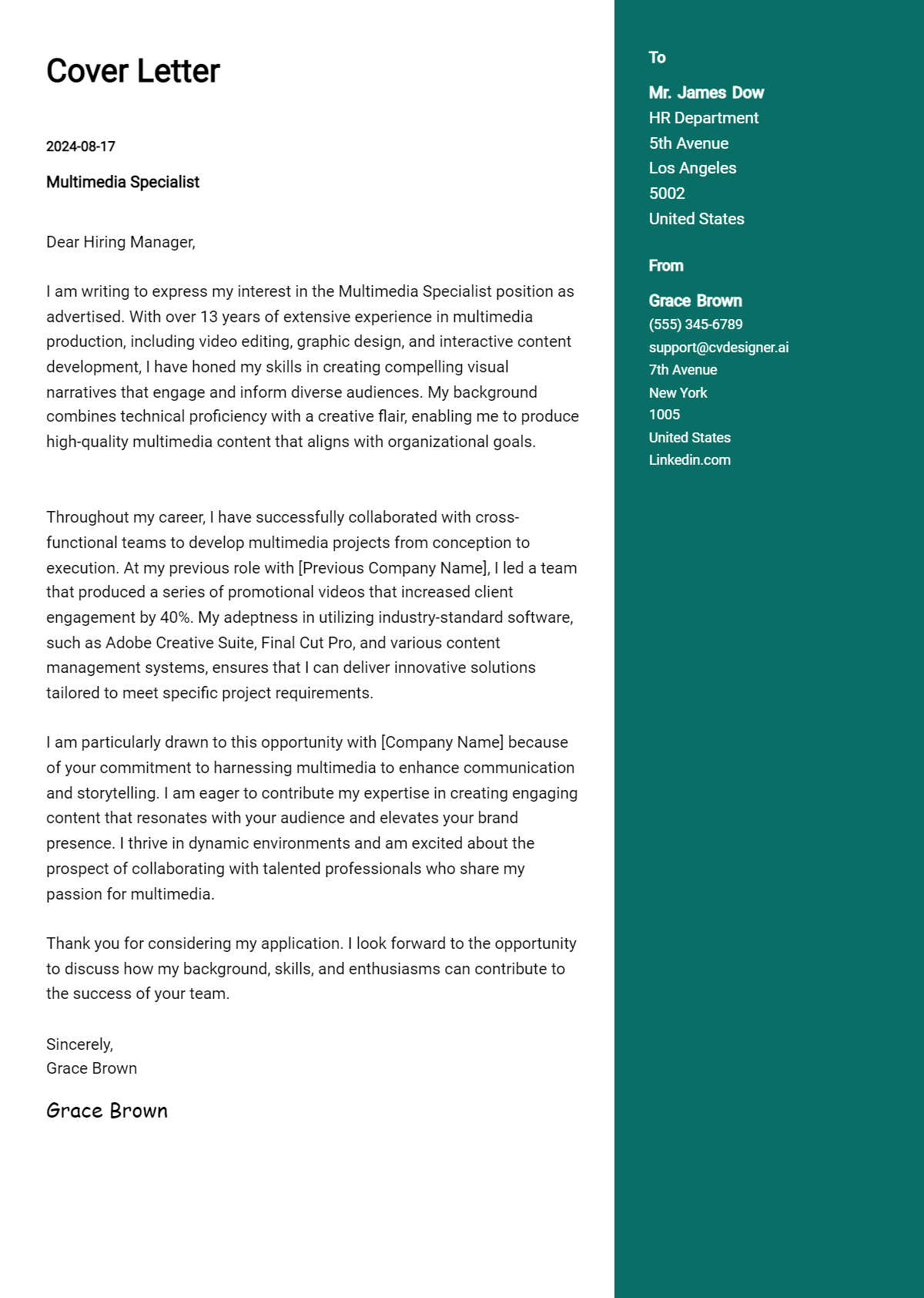 Multimedia Specialist Cover Letter Example for 2026 (Writing Guide) Preview