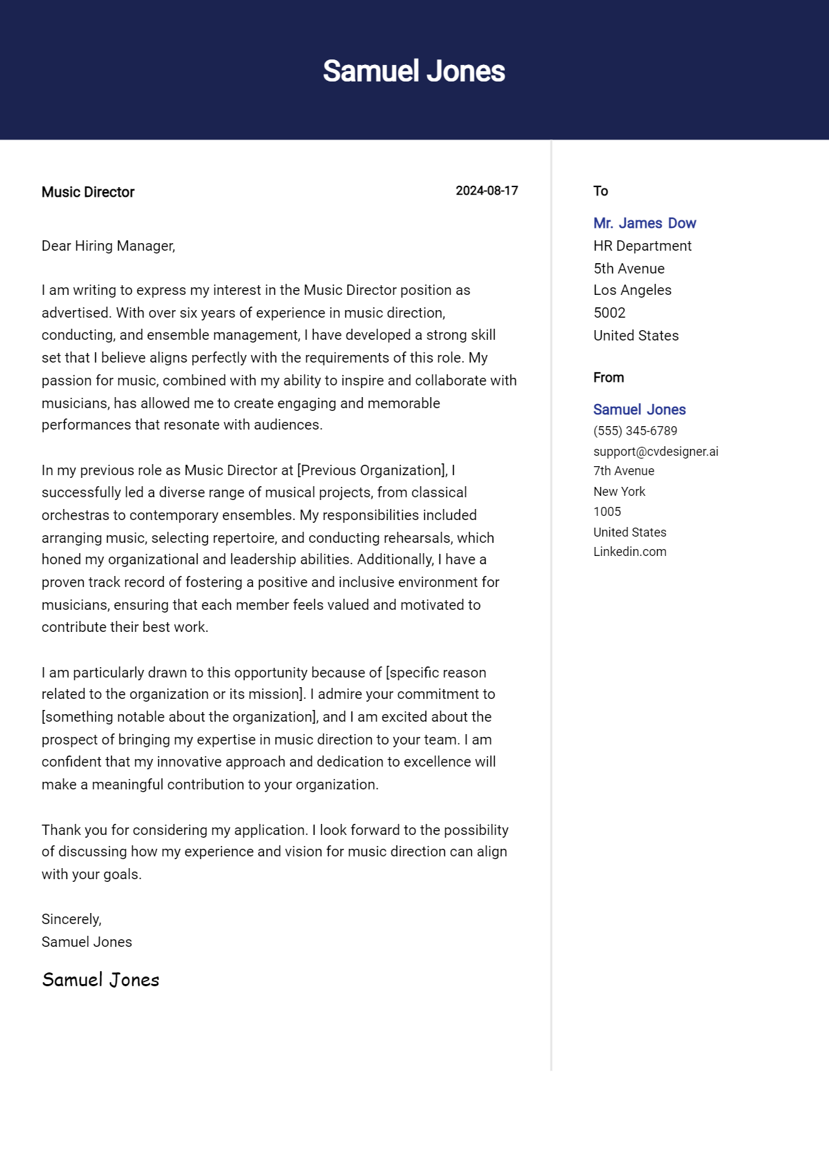 Music Director Cover Letter Examples and Templates for 2026 Preview