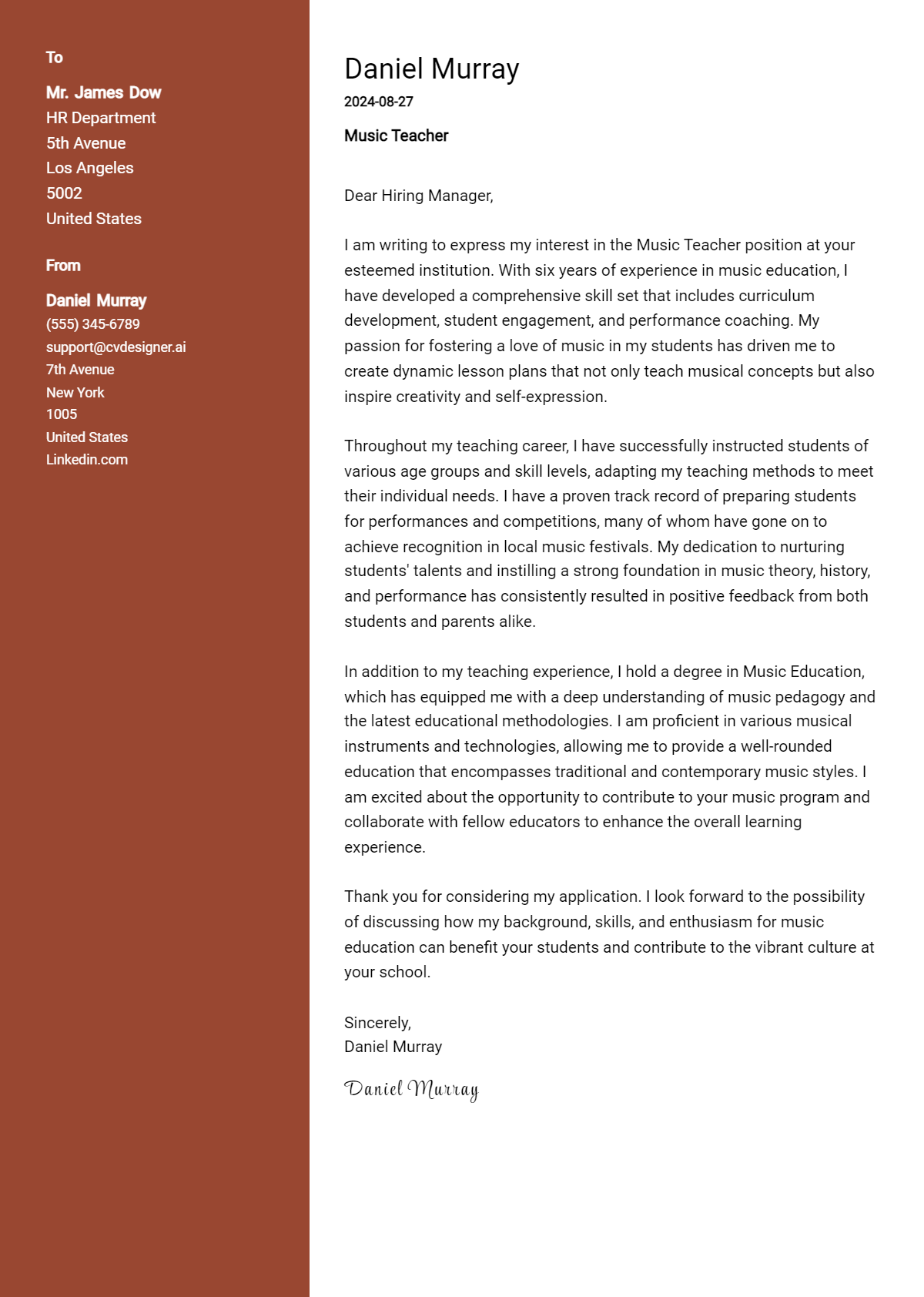 Music Teacher Cover Letter Example for 2026: Top CV Skills Preview