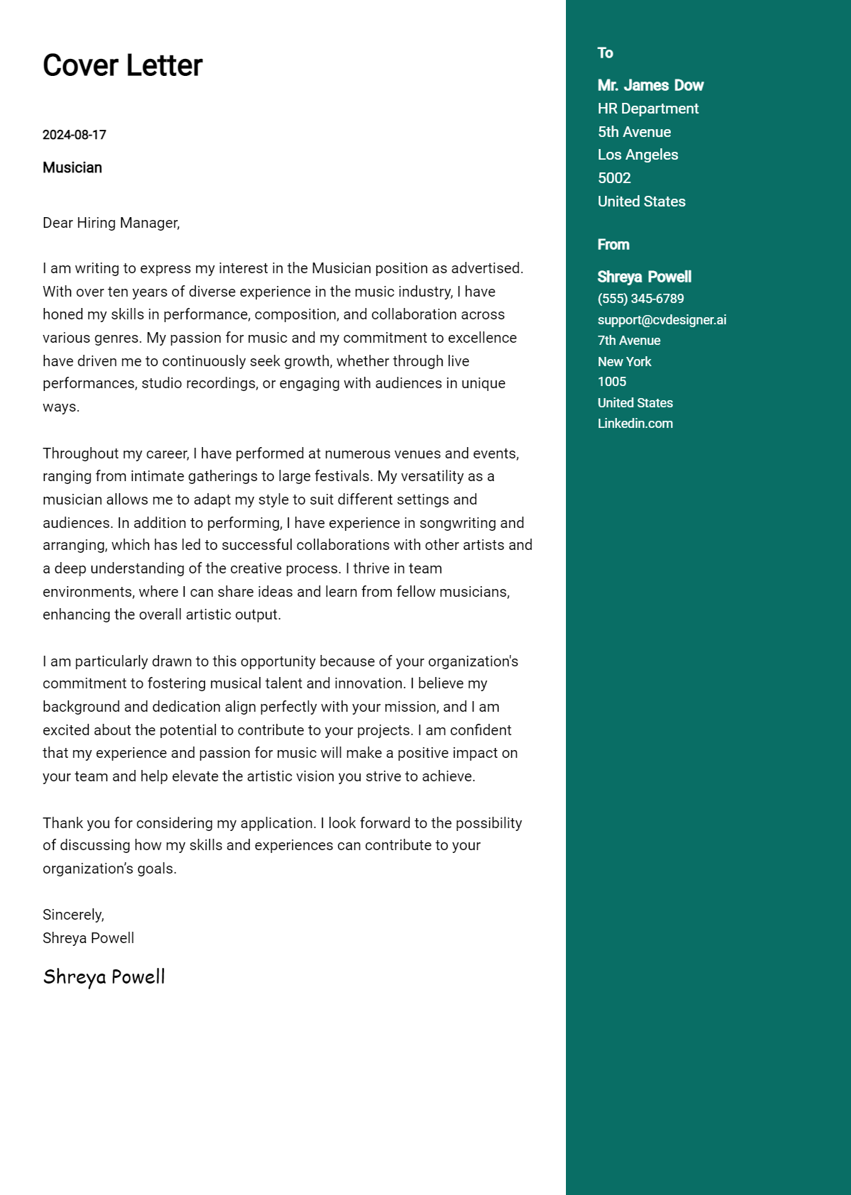 Musician Cover Letter Example for 2026: Tips & Templates Preview
