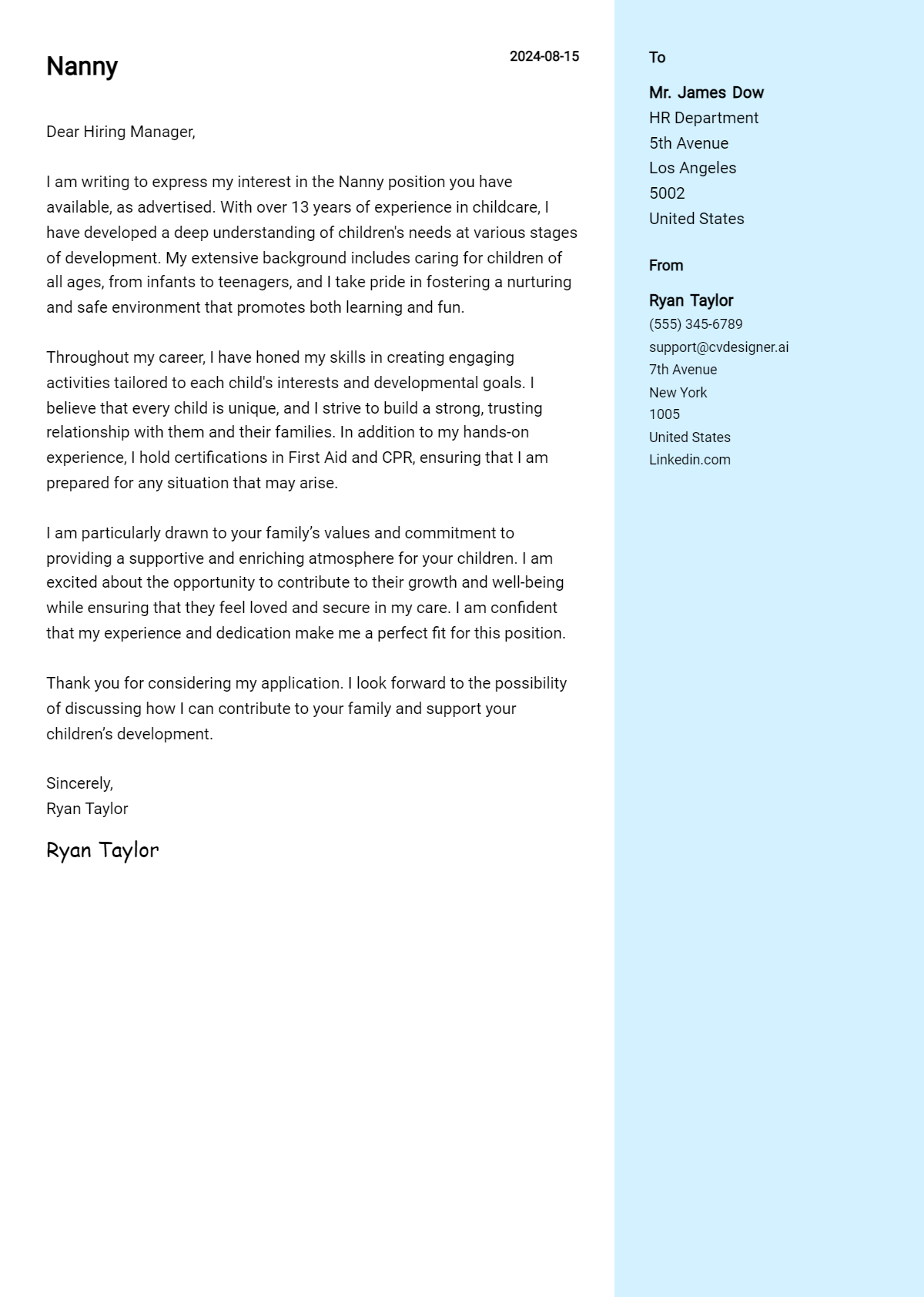 Nanny Cover Letter Example for 2026 (Writing Guide) Preview