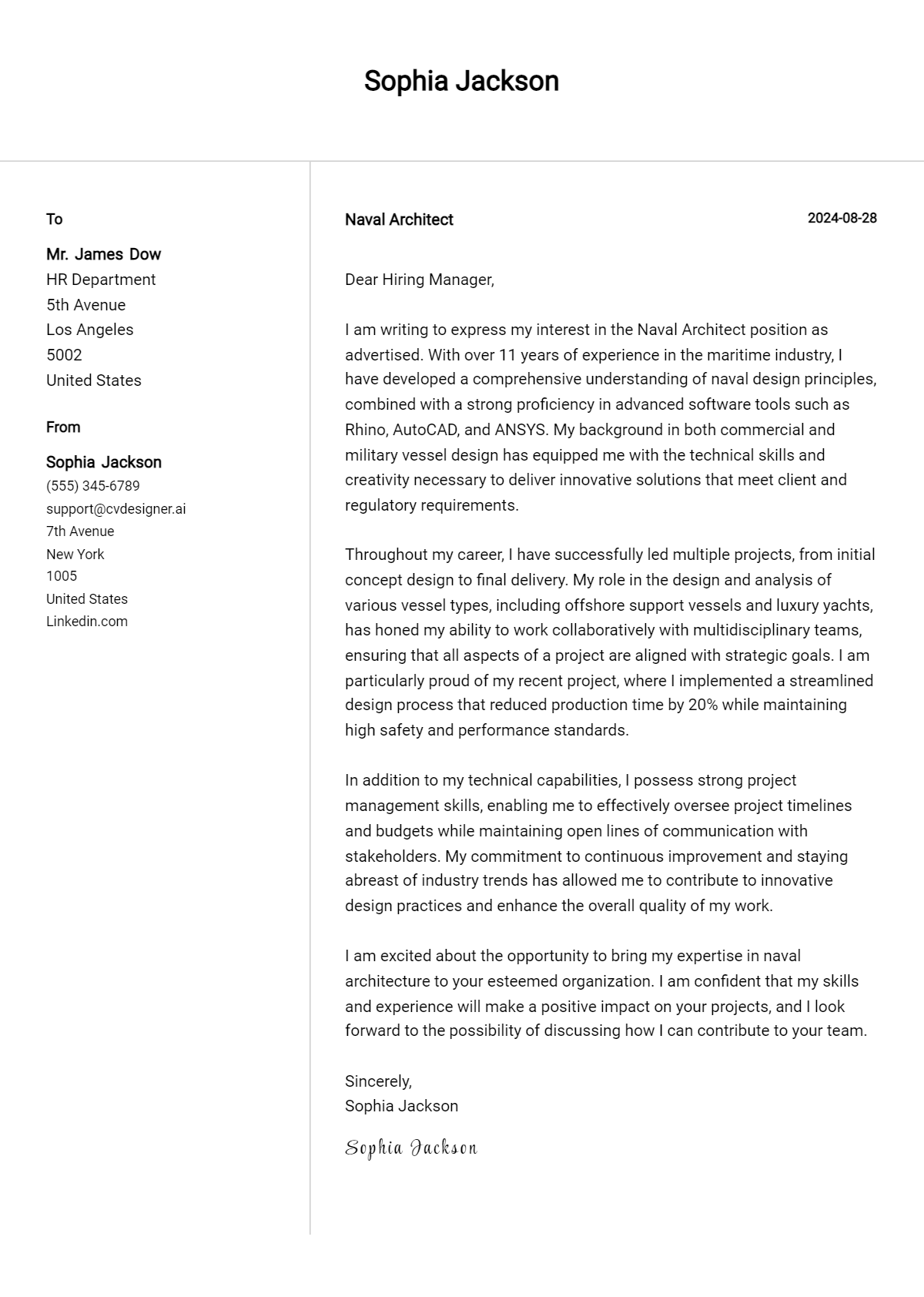Naval Architect Cover Letter Example for 2026: Tips & Templates Preview