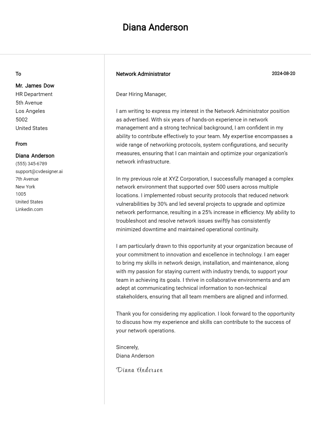 Network Administrator Cover Letter Samples & Examples 2026 Preview