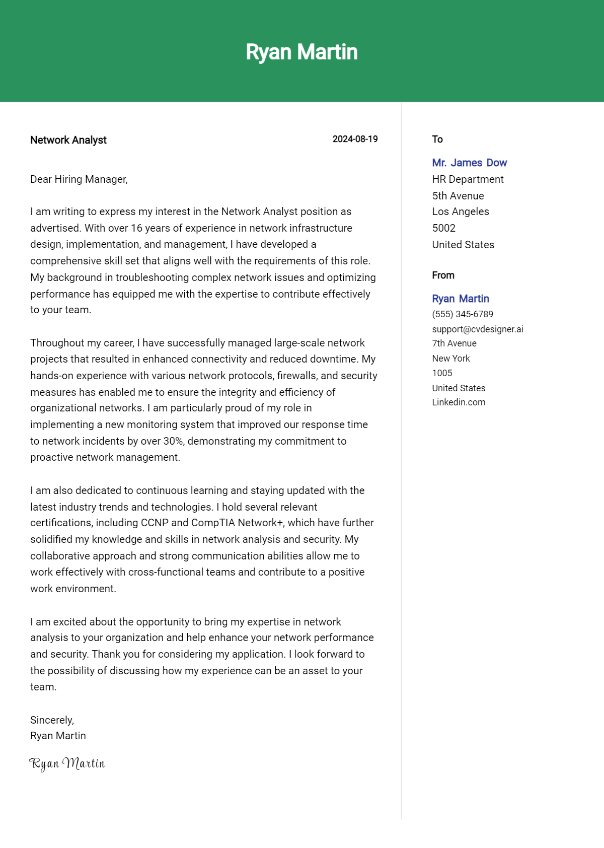 Network Analyst Cover Letter Example for 2026 (Complete Writing Guide) Preview