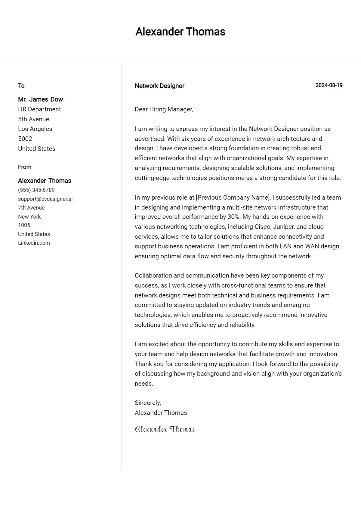 Network Designer Cover Letter Examples and Templates for 2026 Preview