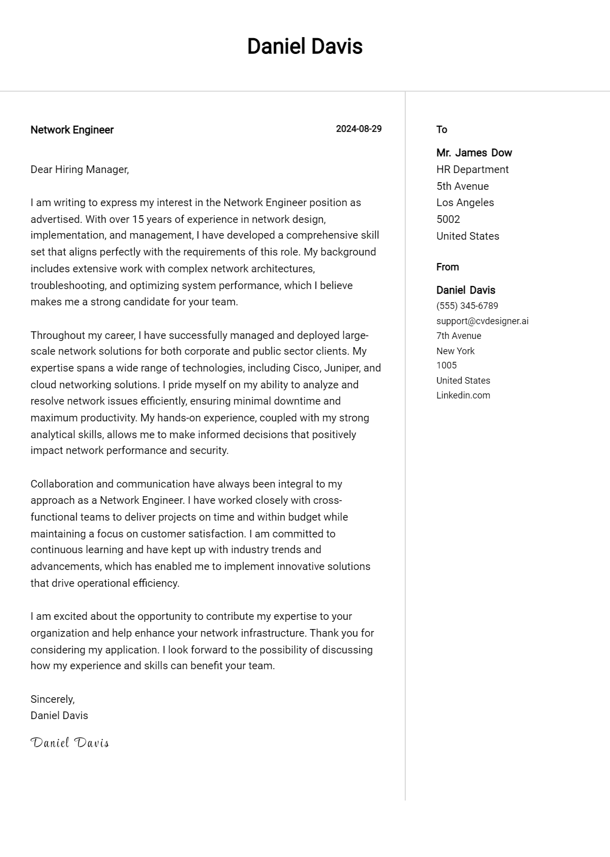 Network Engineer Cover Letter Example for 2026 (Free Templates) Preview