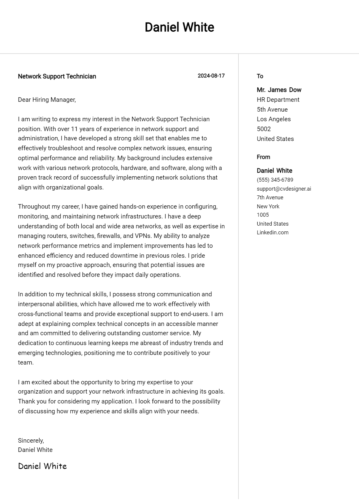 Network Support Technician Cover Letter Example for 2026 (Download Templates) Preview