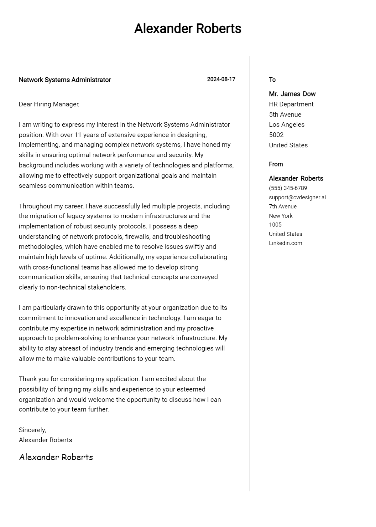 Network Systems Administrator Cover Letter Example for 2026 (Download Templates) Preview