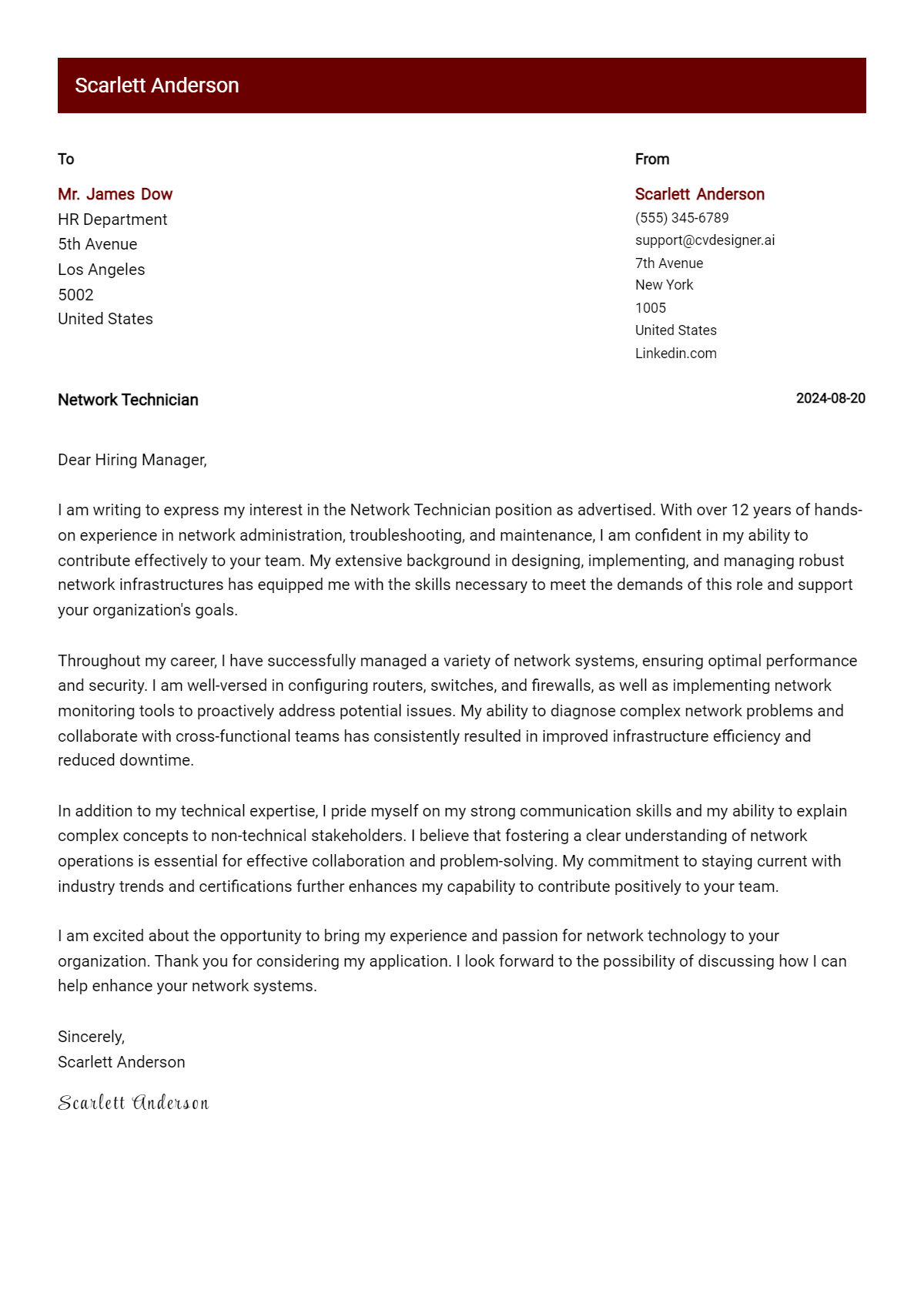 Network Technician Cover Letter Example for 2026: Top CV Skills Preview