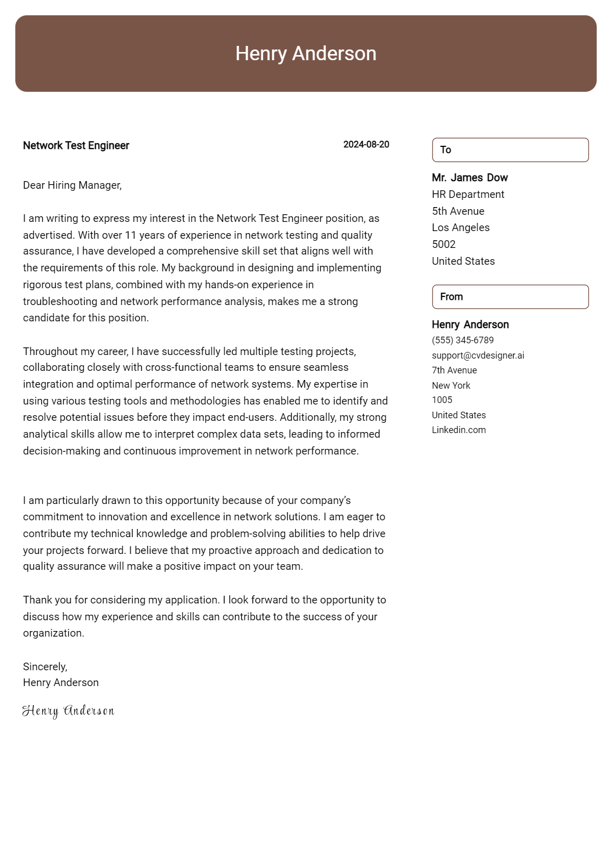 9 Network Test Engineer Cover Letter Example for 2026 (Download Templates) Preview