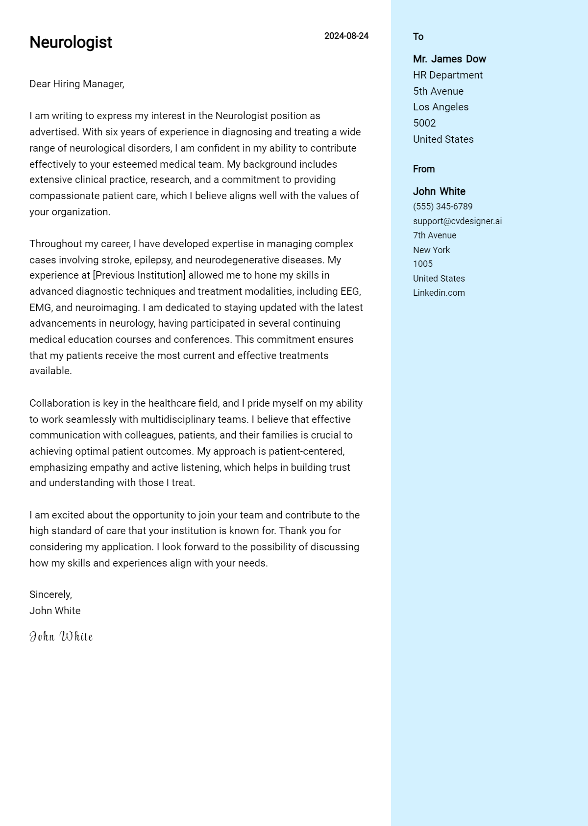 Neurologist Cover Letter Examples for 2026 (Downloadable) Preview