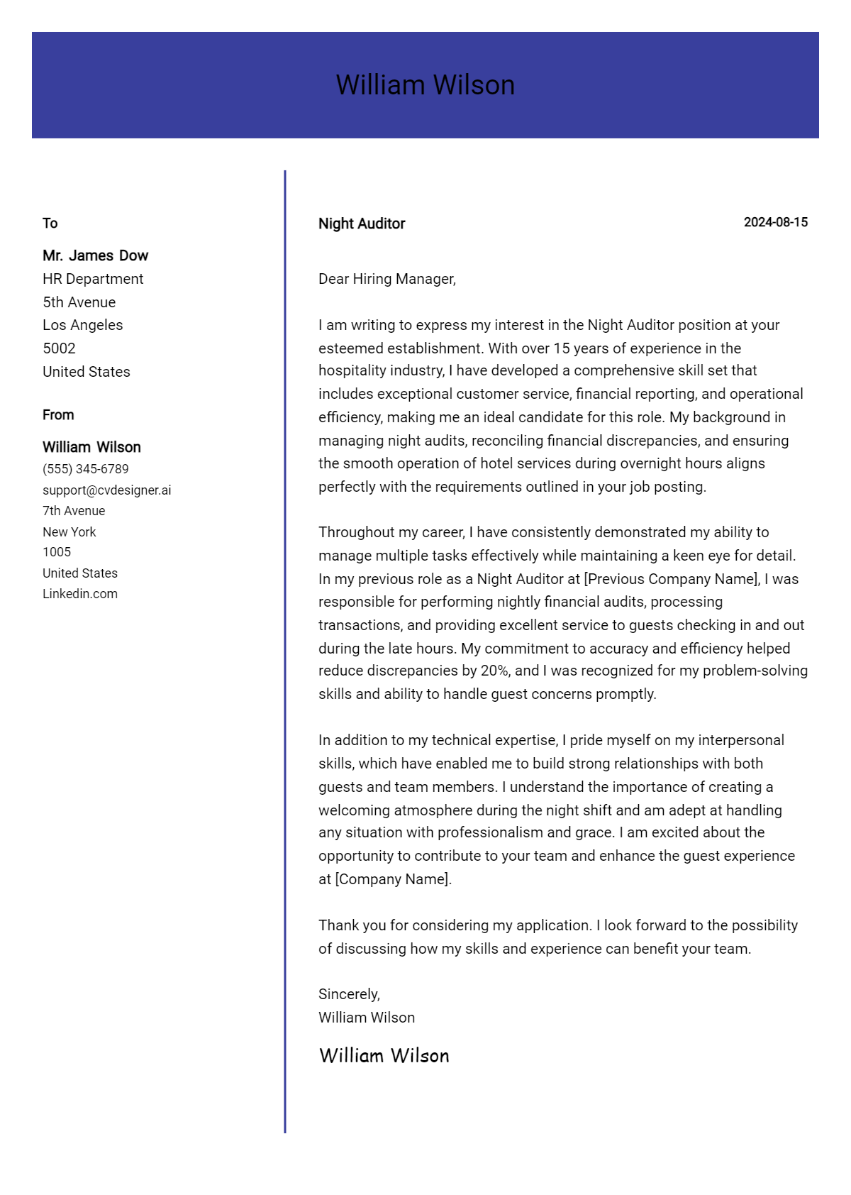 Night Auditor Cover Letter Examples for 2026 (Downloadable) Preview