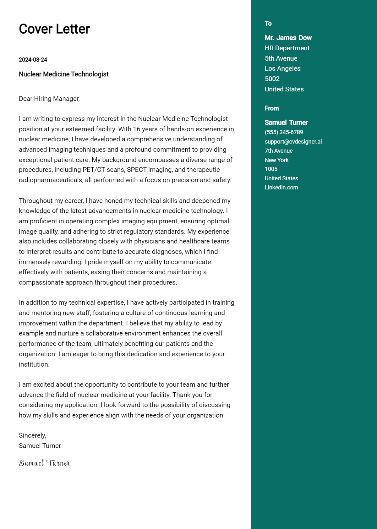 Nuclear Medicine Technologist Cover Letter Example for 2026 (Free Templates) Preview