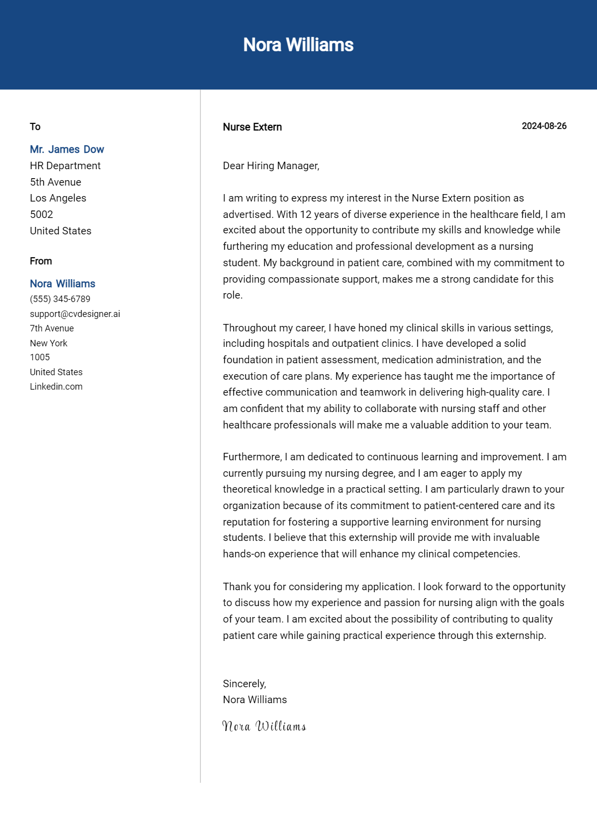 Nurse Extern Cover Letter Examples for 2026 (Downloadable) Preview