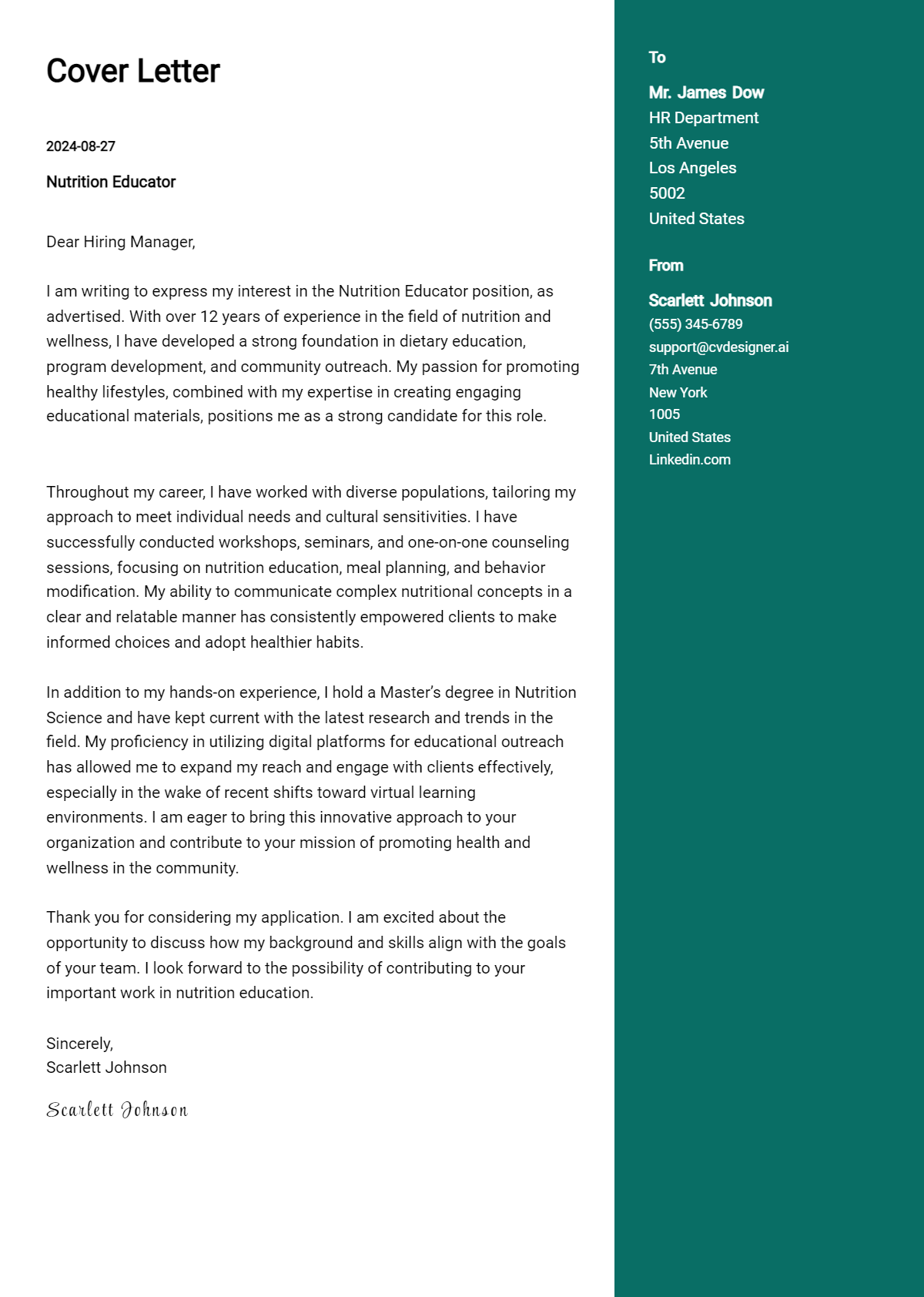 Nutrition Educator Cover Letter Example for 2026: Tips & Templates Preview