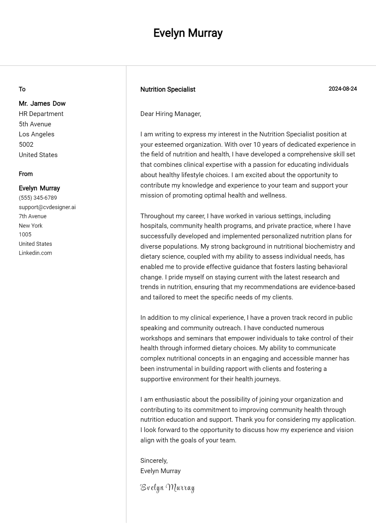 Nutrition Specialist Cover Letter Example for 2026: Ultimate Guide Preview