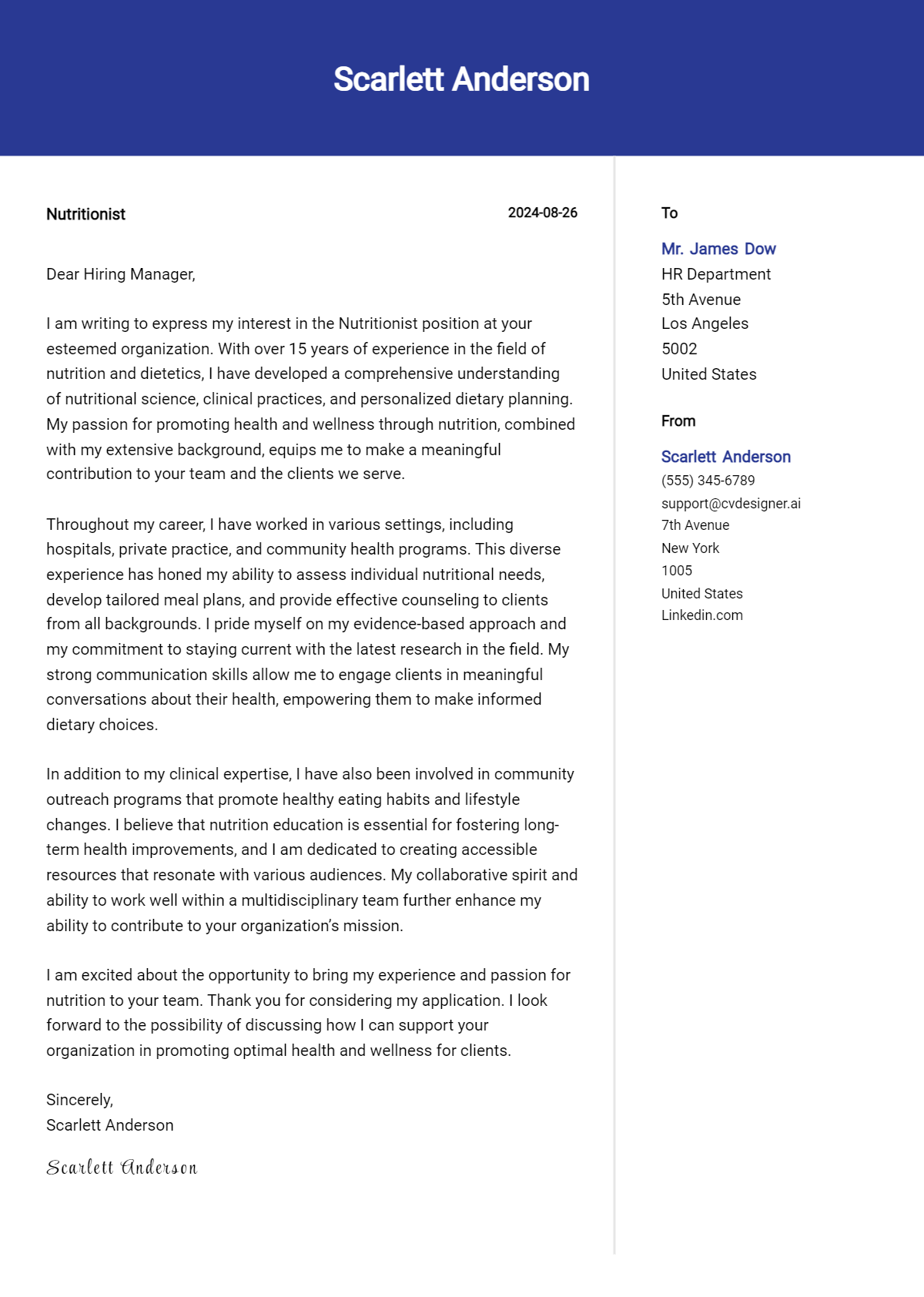 Nutritionist Cover Letter Example for 2026: Top CV Skills Preview