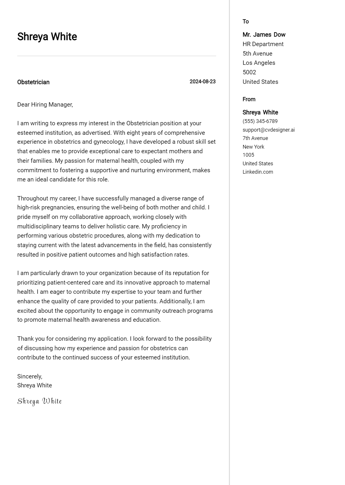 Obstetrician Cover Letter Examples for 2026 (Downloadable) Preview